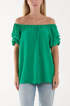 Puff Sleeve Smock Bardot Top Blouses WearAll Jade One Size