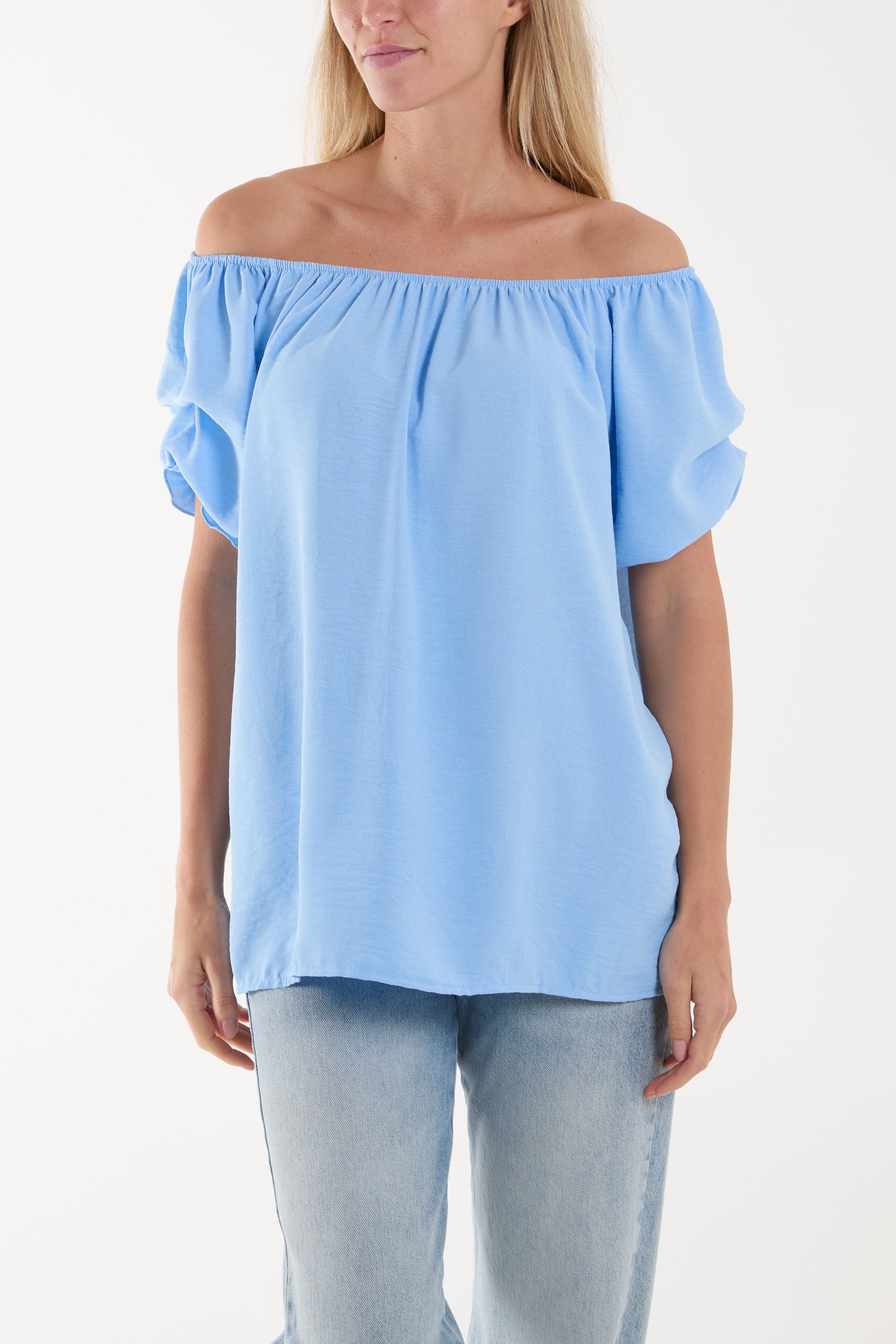 Puff Sleeve Smock Bardot Top Blouses WearAll Light Blue One Size