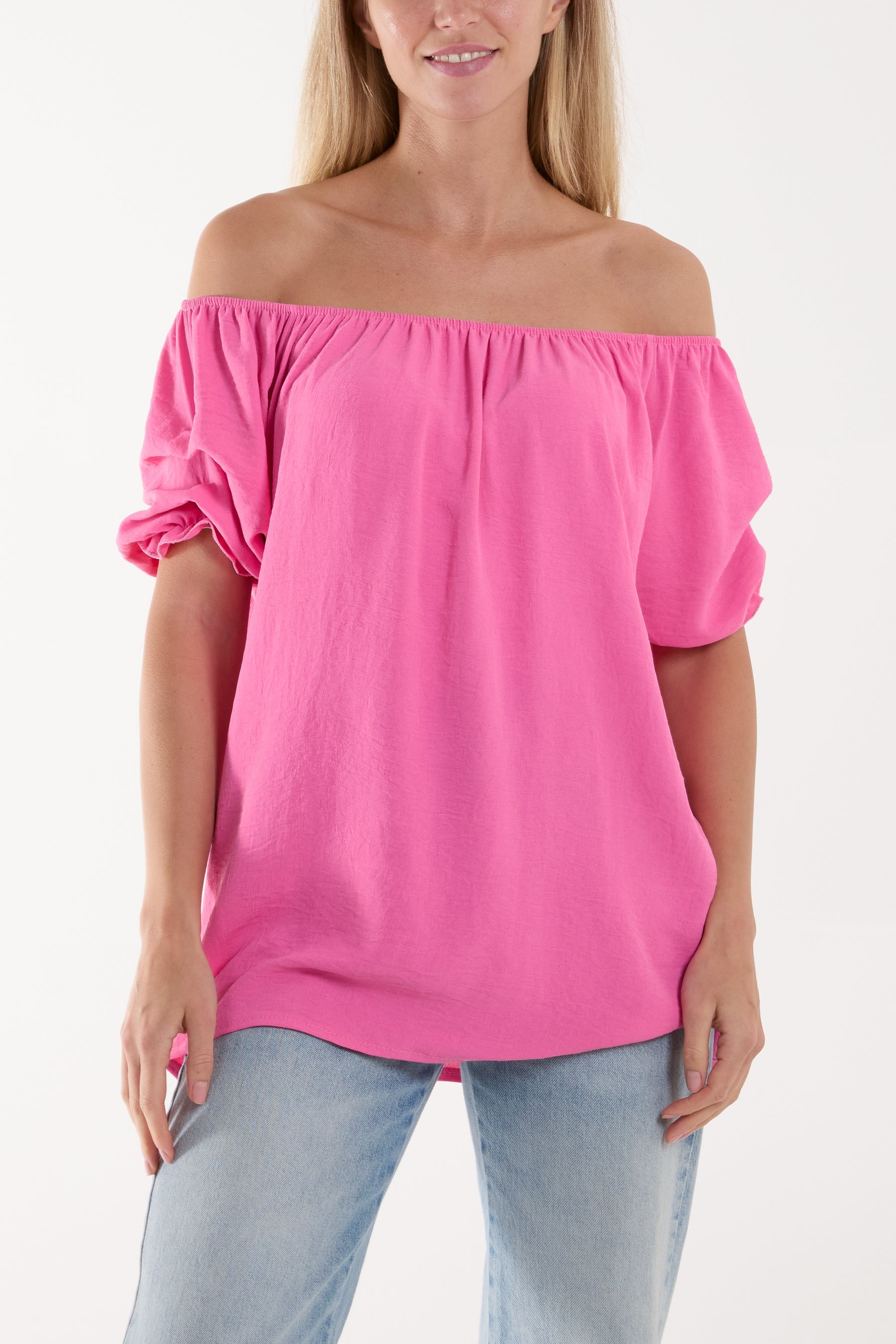 Puff Sleeve Smock Bardot Top Blouses WearAll Hot Pink One Size