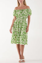 Floral Bardot Shirred Waist Midi Dress Dresses WearAll Jade One Size