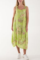 Flower Bouquet Sleeveless Linen Dress Dresses WearAll Lime One Size