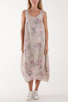 Flower Bouquet Sleeveless Linen Dress Dresses WearAll Stone One Size