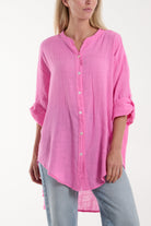 Grandad Collar Cotton Shirt Shirts WearAll Hot Pink One Size