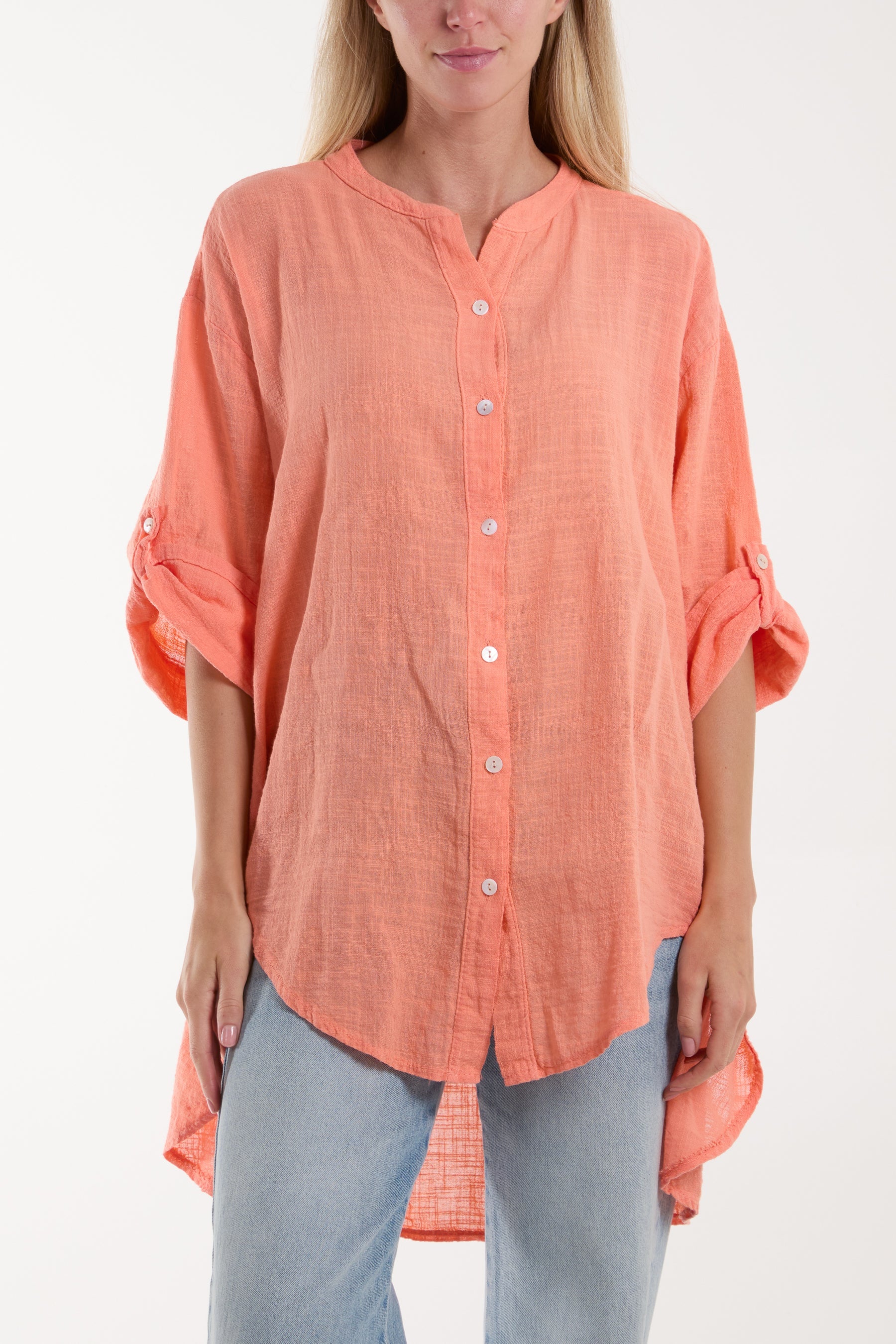 Grandad Collar Cotton Shirt Shirts WearAll Orange One Size