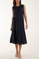 Bow Neck Halter Tiered Midi Dress Dresses WearAll Navy One Size