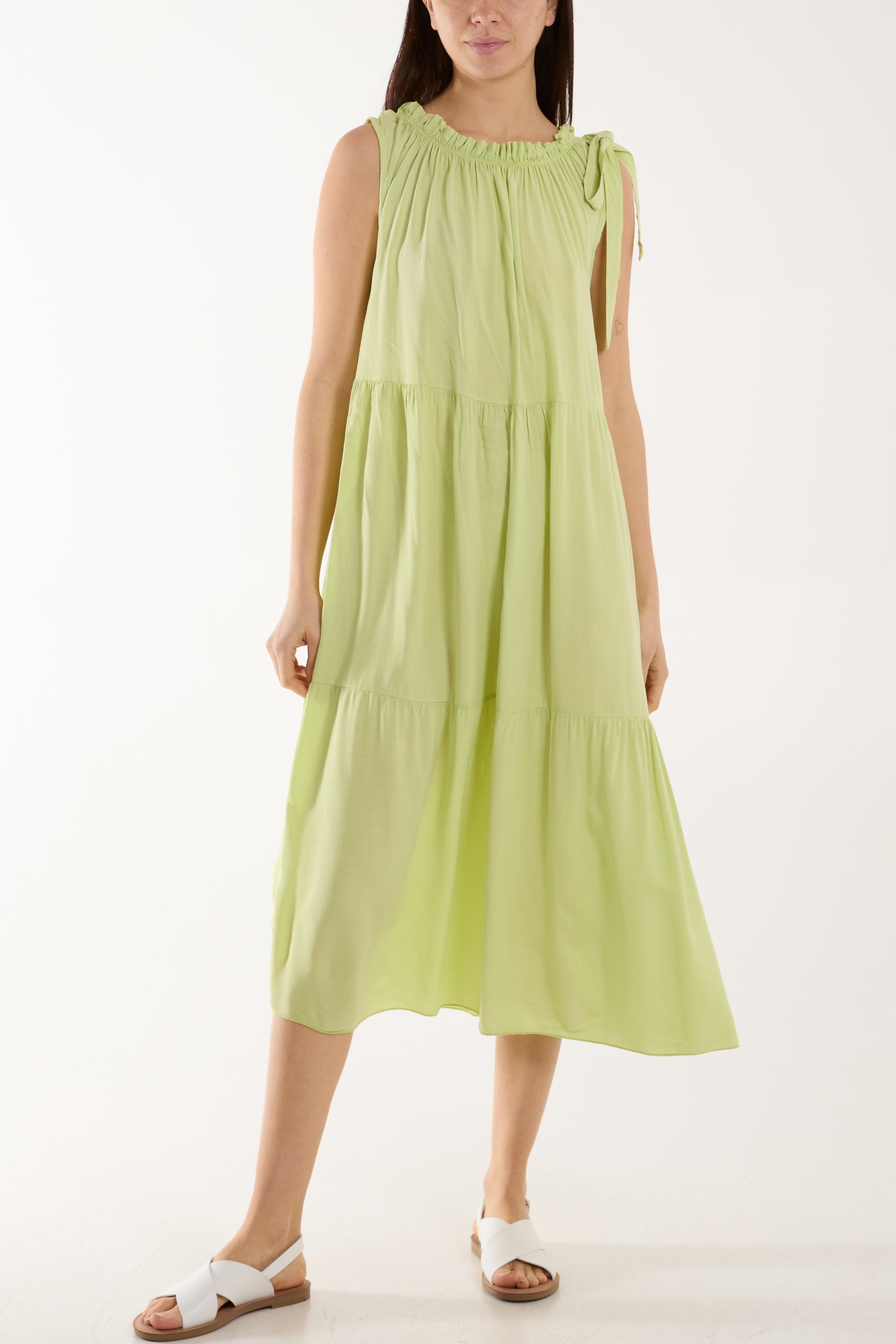 Bow Neck Halter Tiered Midi Dress Dresses WearAll Lime One Size