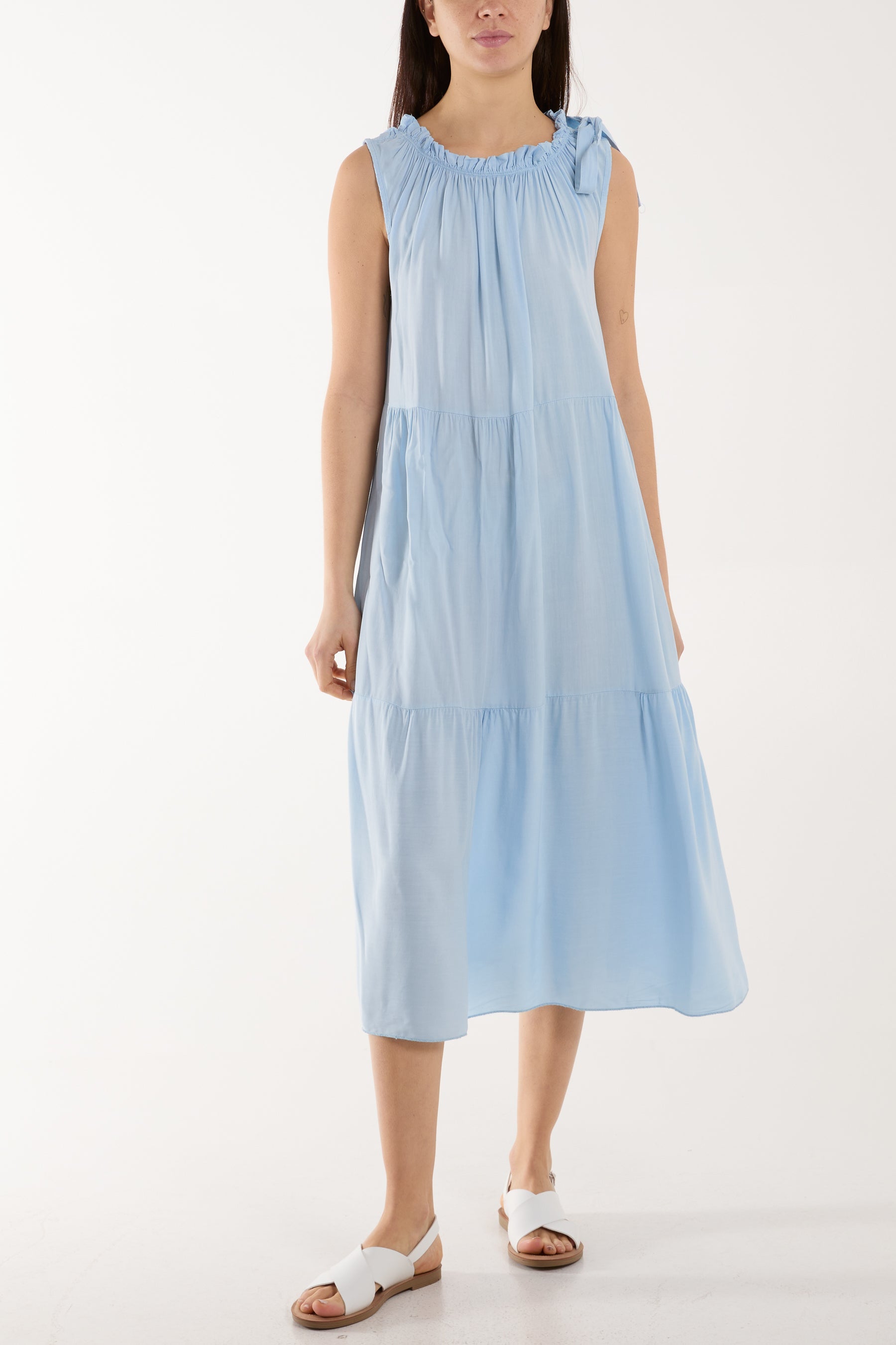 Bow Neck Halter Tiered Midi Dress Dresses WearAll Light Blue One Size