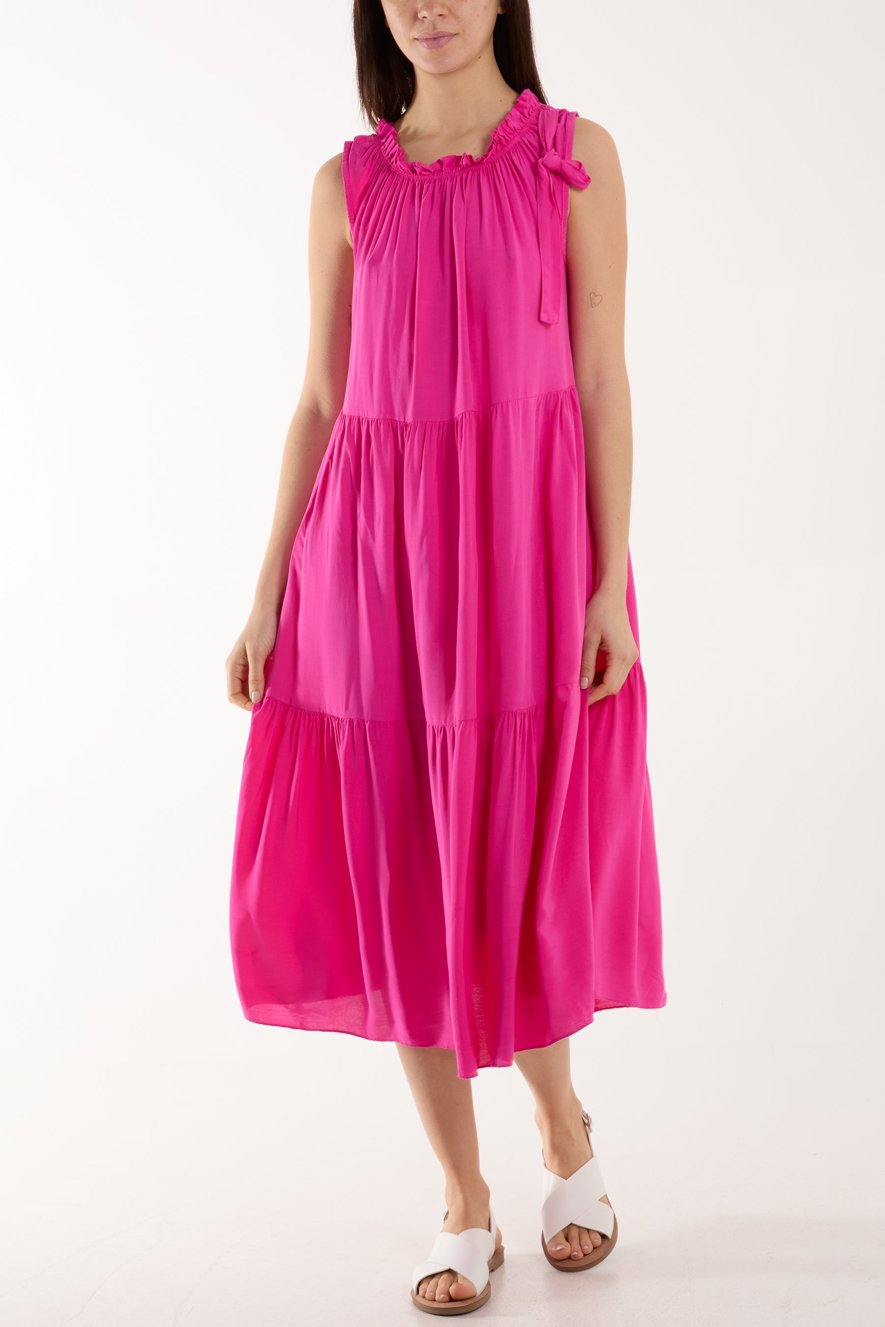 Bow Neck Halter Tiered Midi Dress Dresses WearAll Fuchsia One Size