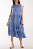 Bow Neck Halter Tiered Midi Dress Dresses WearAll Denim One Size