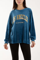 "Los Angeles" Velour Sweat Top Sweatshirt WearAll Teal One Size