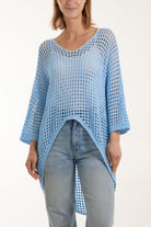 Crochet Dipped Hem 3/4 Sleeve Top Tops WearAll Light Blue One Size