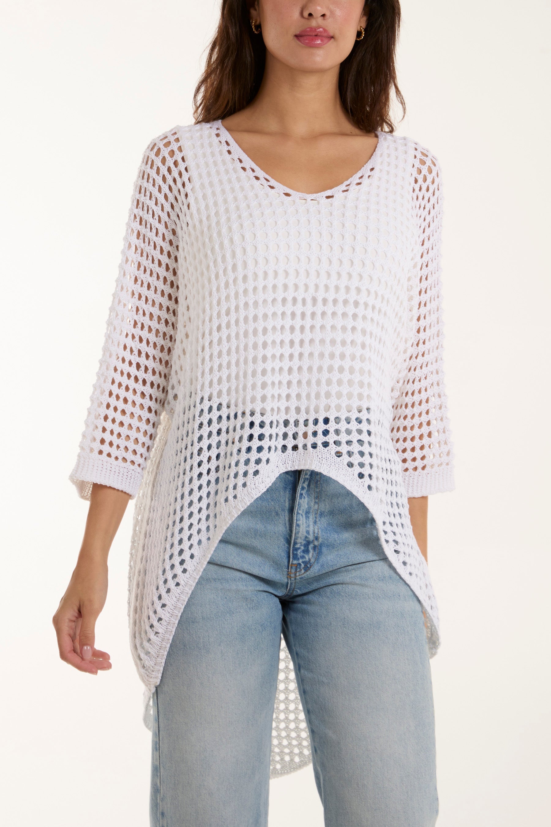 Crochet Dipped Hem 3/4 Sleeve Top Tops WearAll White One Size