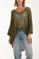 Crochet Dipped Hem 3/4 Sleeve Top Tops WearAll Khaki One Size