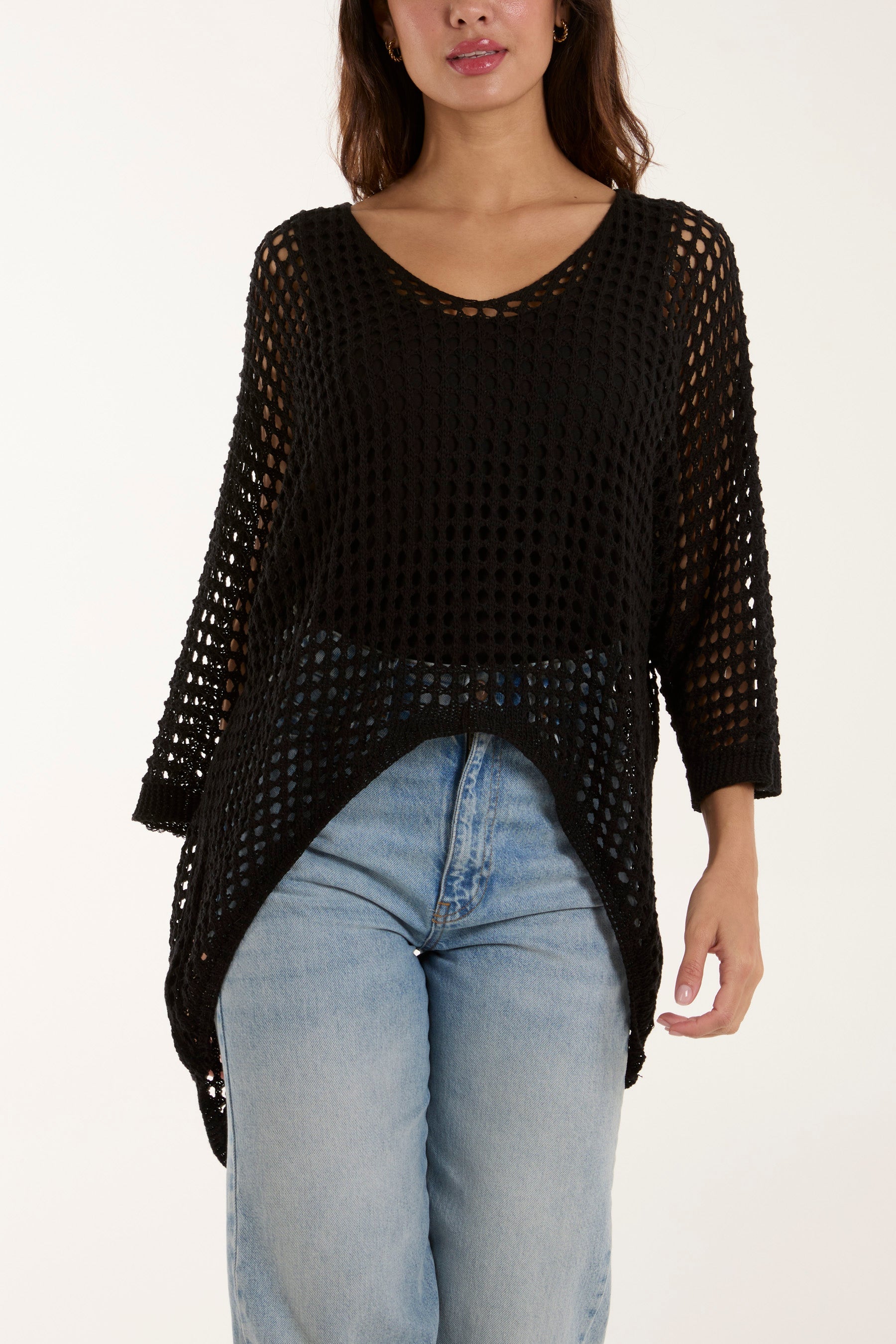 Crochet Dipped Hem 3/4 Sleeve Top Tops WearAll Black One Size