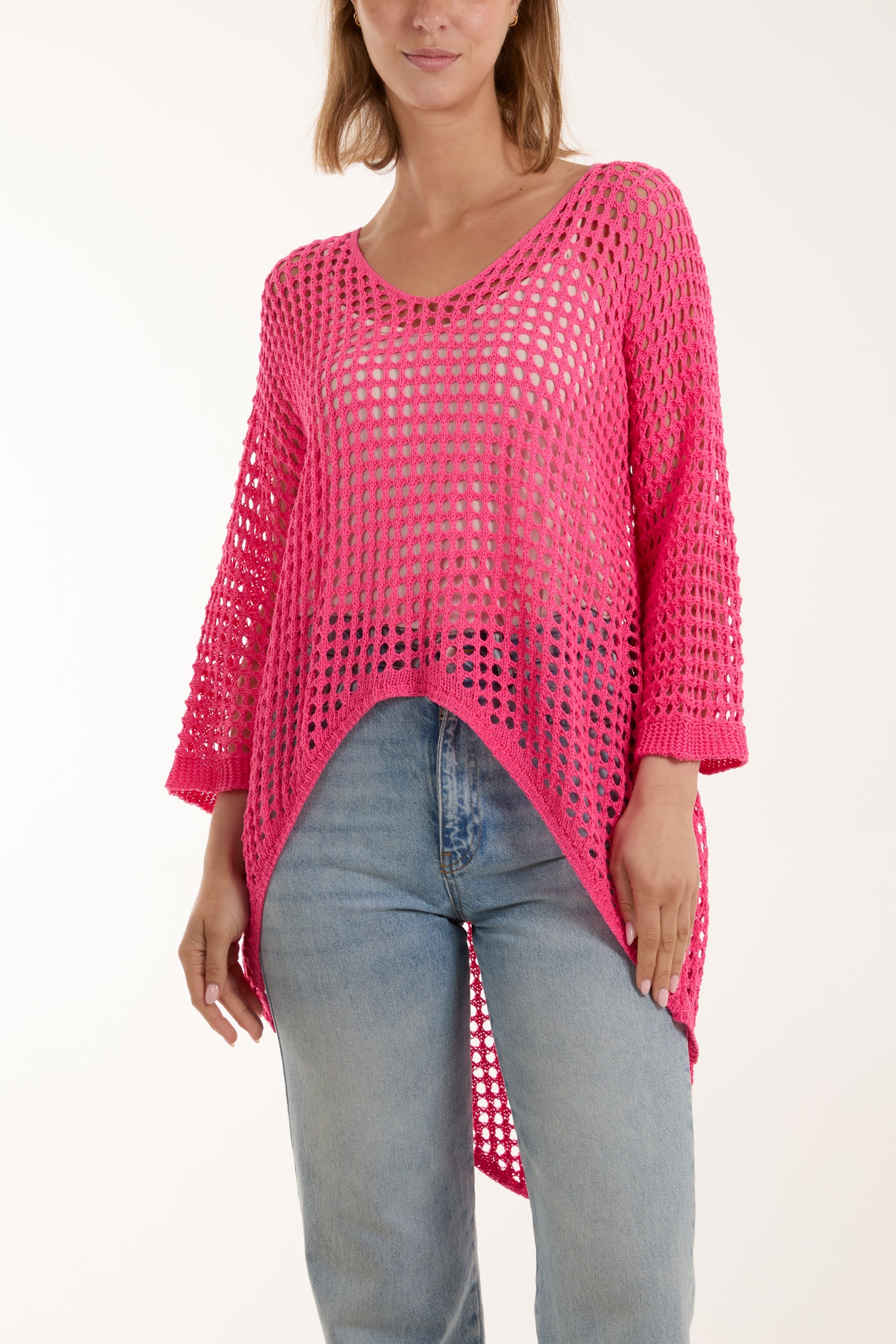 Crochet Dipped Hem 3/4 Sleeve Top Tops WearAll Hot Pink One Size