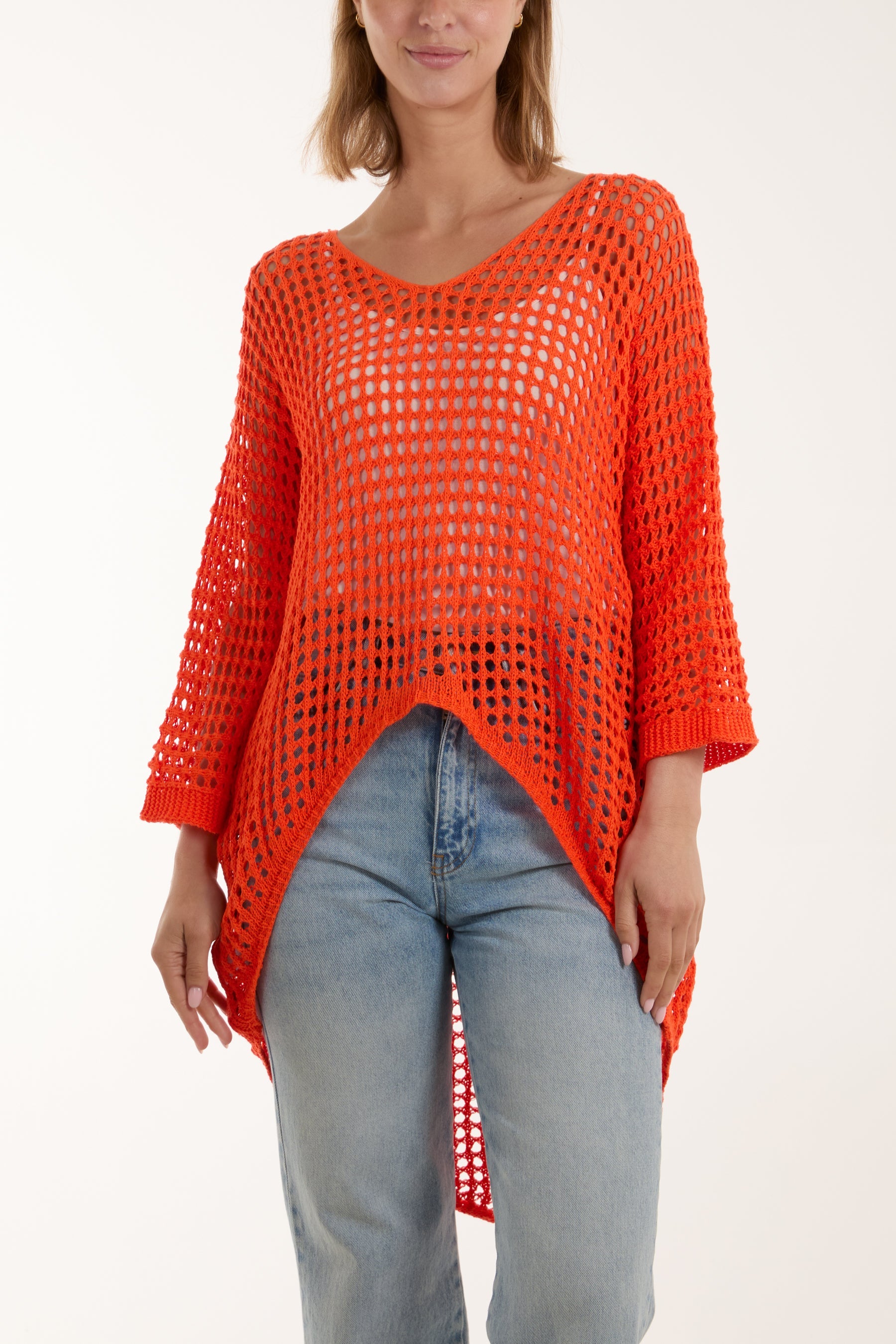 Crochet Dipped Hem 3/4 Sleeve Top Tops WearAll Orange One Size