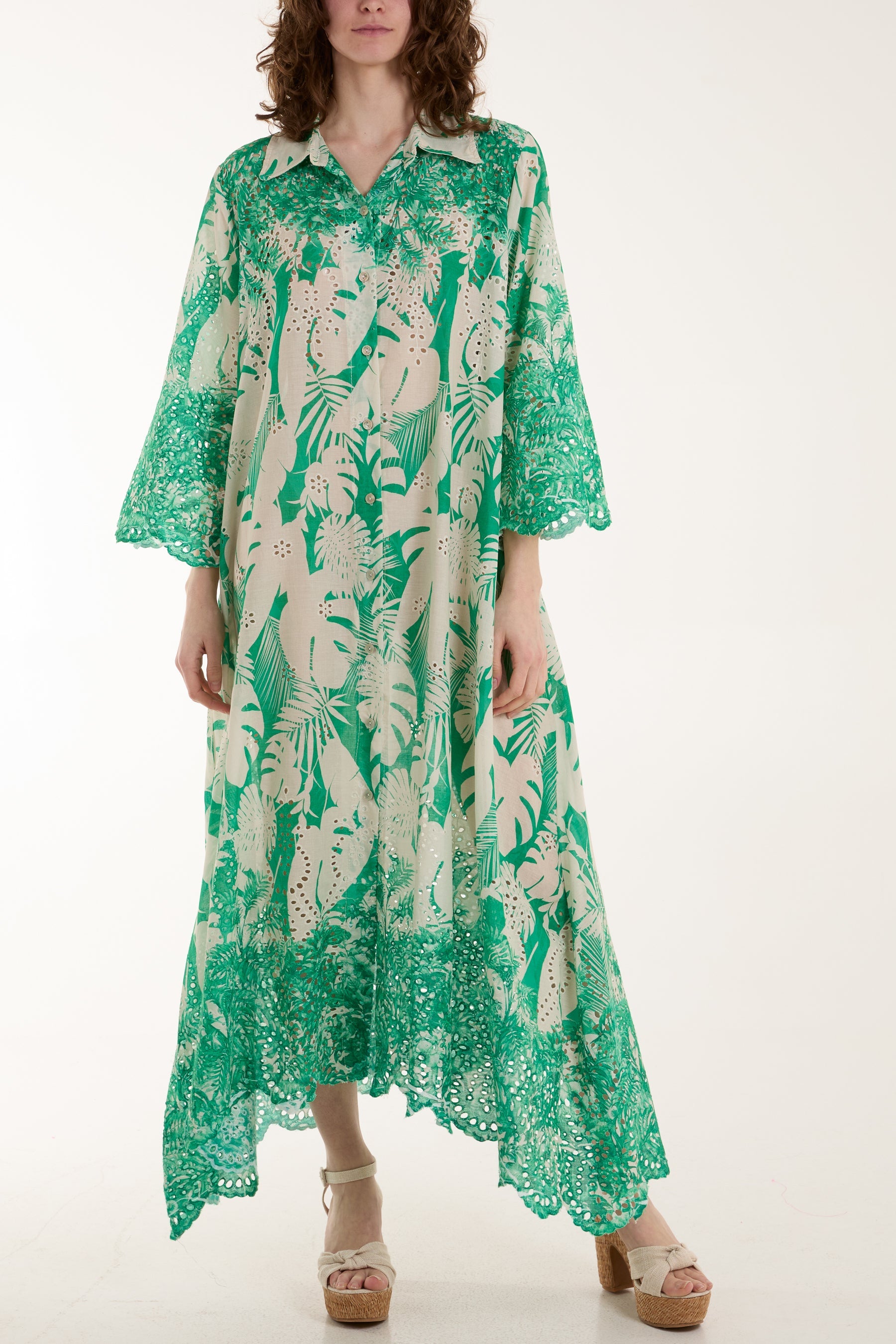 Palm Leaf Broderie Anglaise Shirt Dress Dresses WearAll Jade One Size