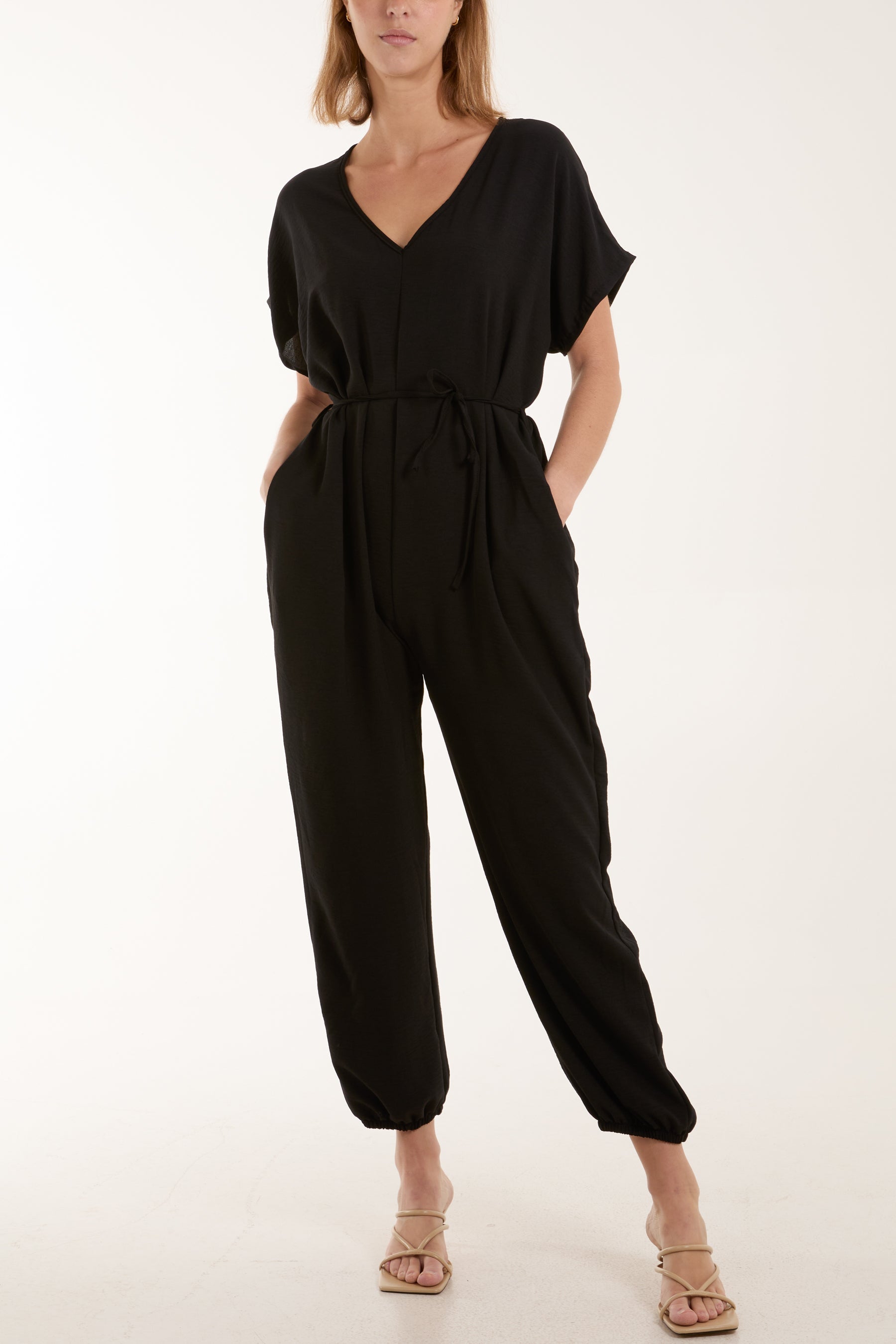 V-Neck Tied Waist Long Jumpsuit Jumpsuits WearAll Black One Size