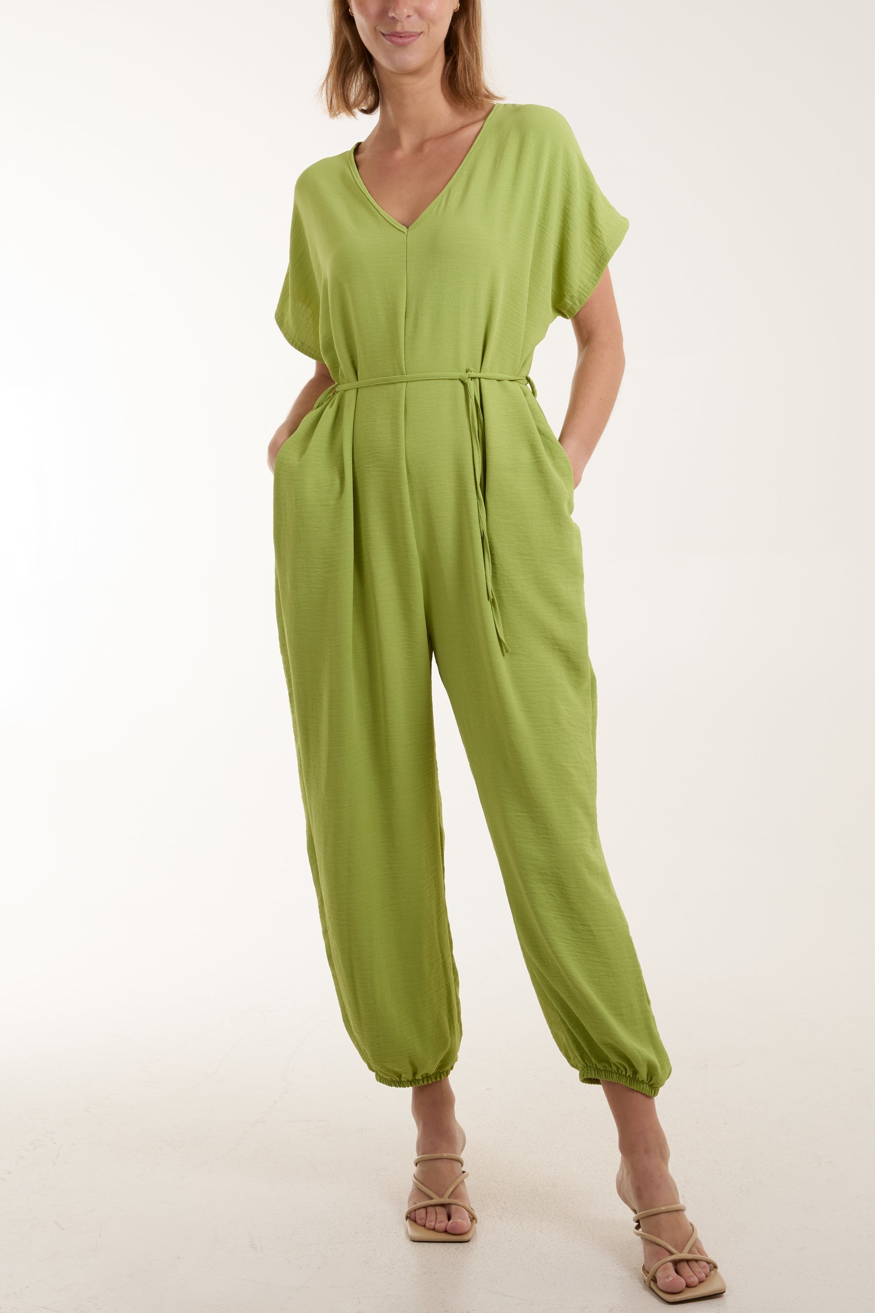 V-Neck Tied Waist Long Jumpsuit Jumpsuits WearAll Lime One Size