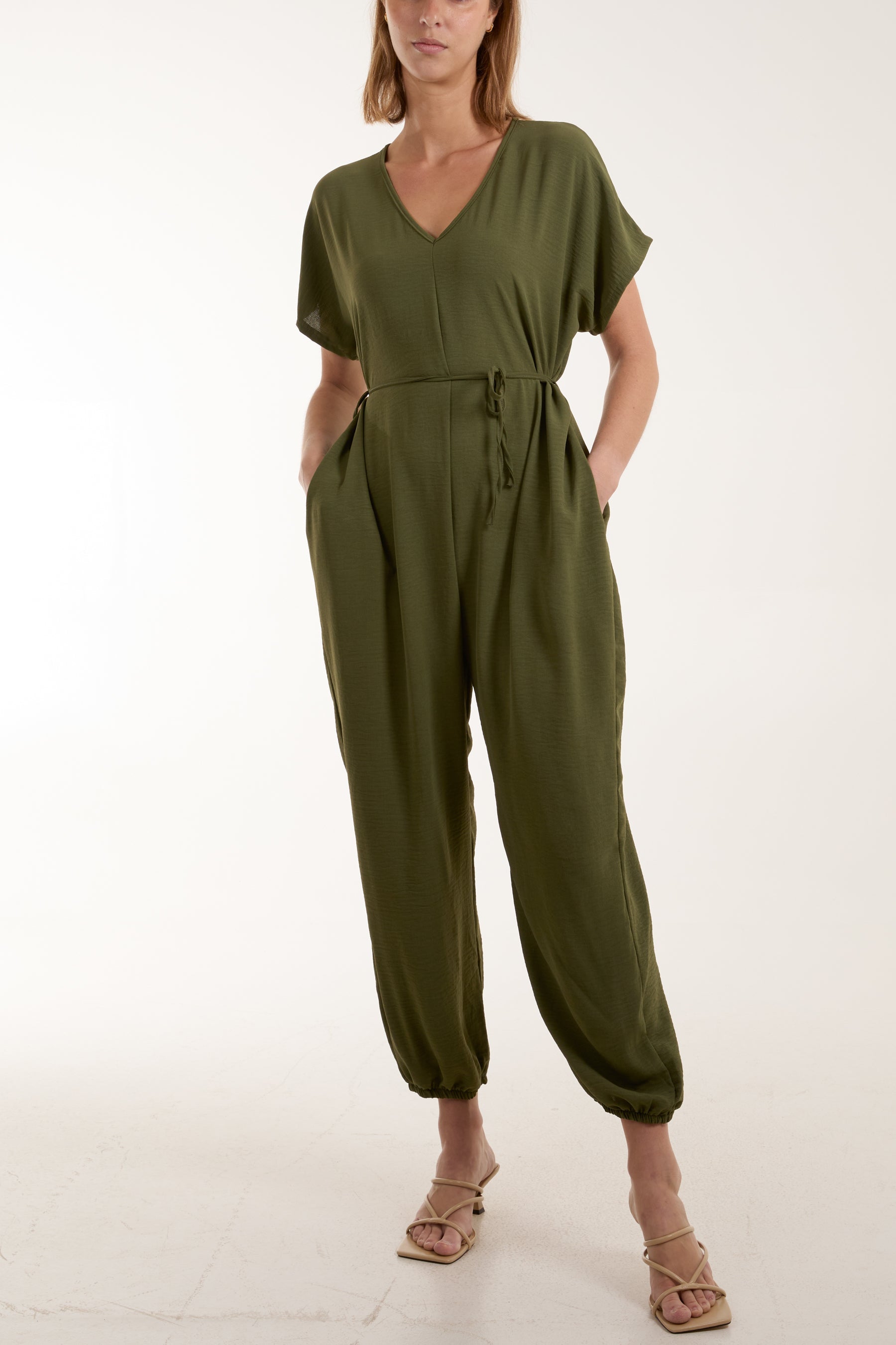 V-Neck Tied Waist Long Jumpsuit Jumpsuits WearAll Khaki One Size