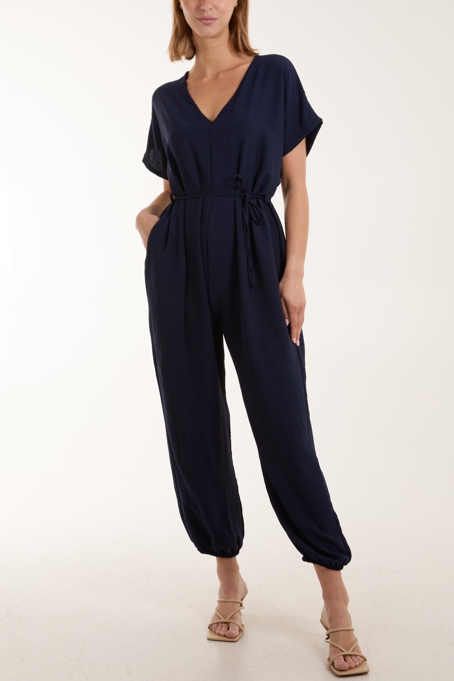 V-Neck Tied Waist Long Jumpsuit Jumpsuits WearAll Navy One Size