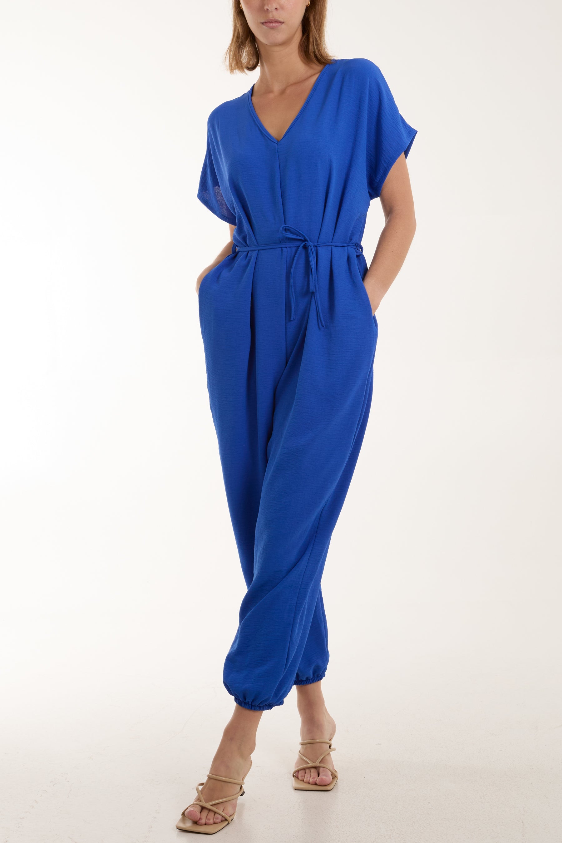 V-Neck Tied Waist Long Jumpsuit Jumpsuits WearAll Royal Blue One Size