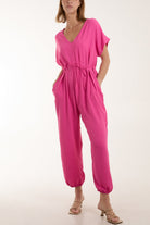 V-Neck Tied Waist Long Jumpsuit Jumpsuits WearAll Hot Pink One Size