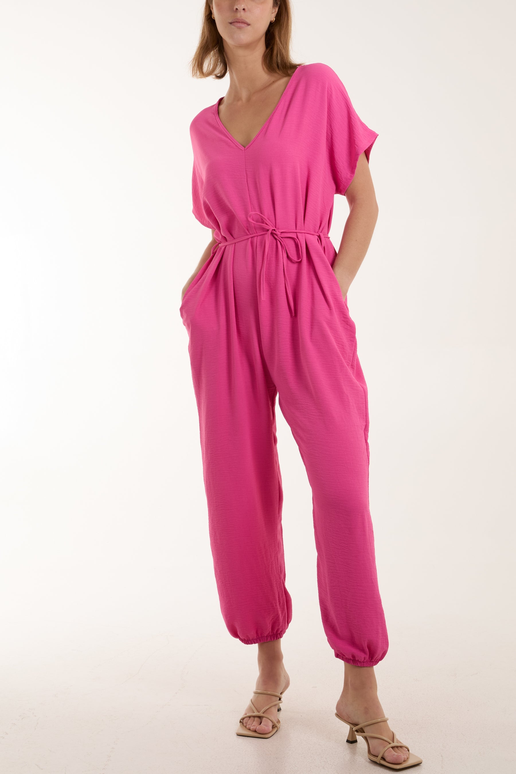 V-Neck Tied Waist Long Jumpsuit Jumpsuits WearAll Hot Pink One Size