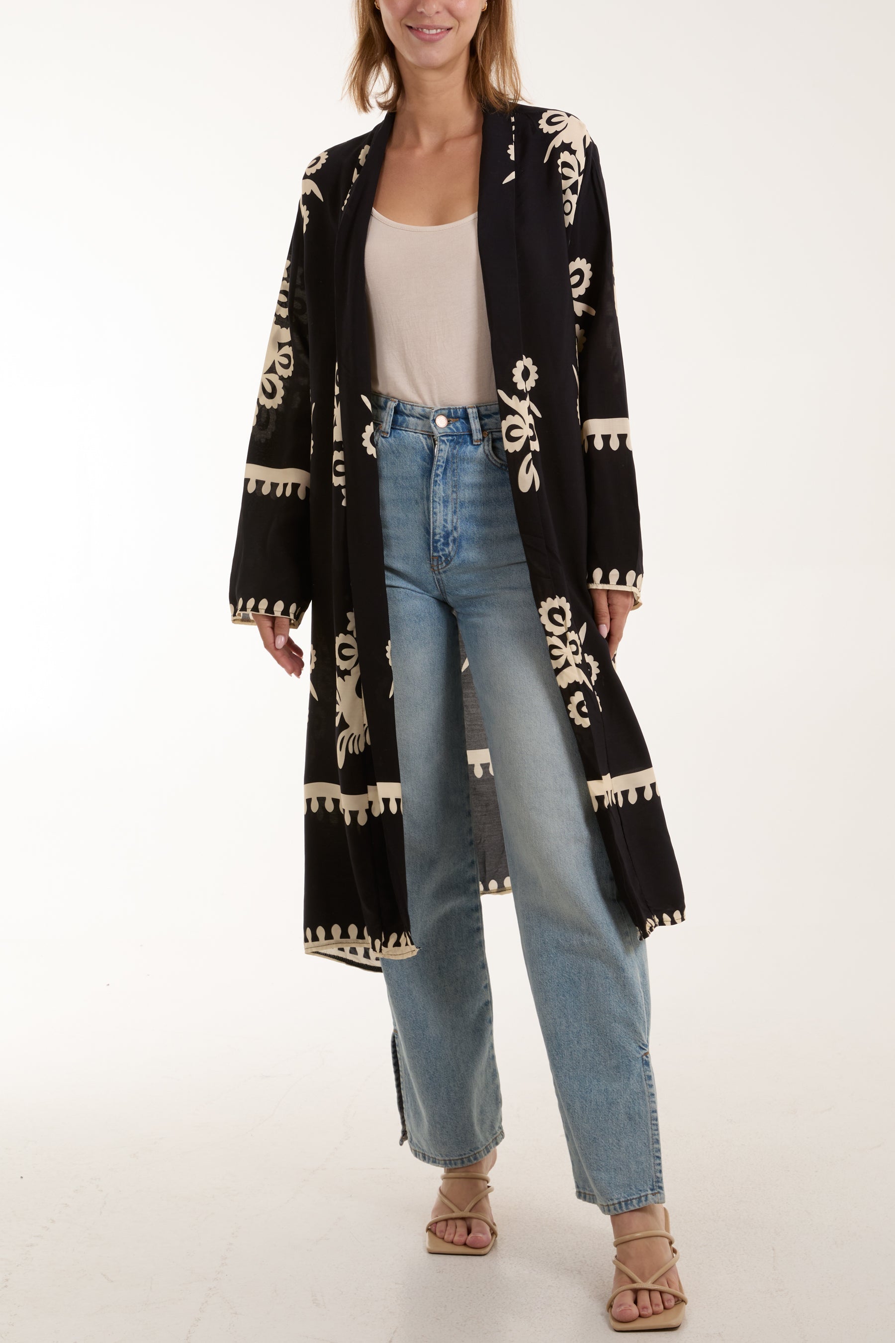 Printed Pockets Long Kimono Kimonos WearAll Black One Size