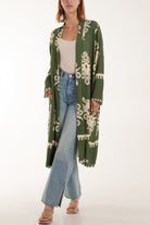 Printed Pockets Long Kimono Kimonos WearAll Khaki One Size