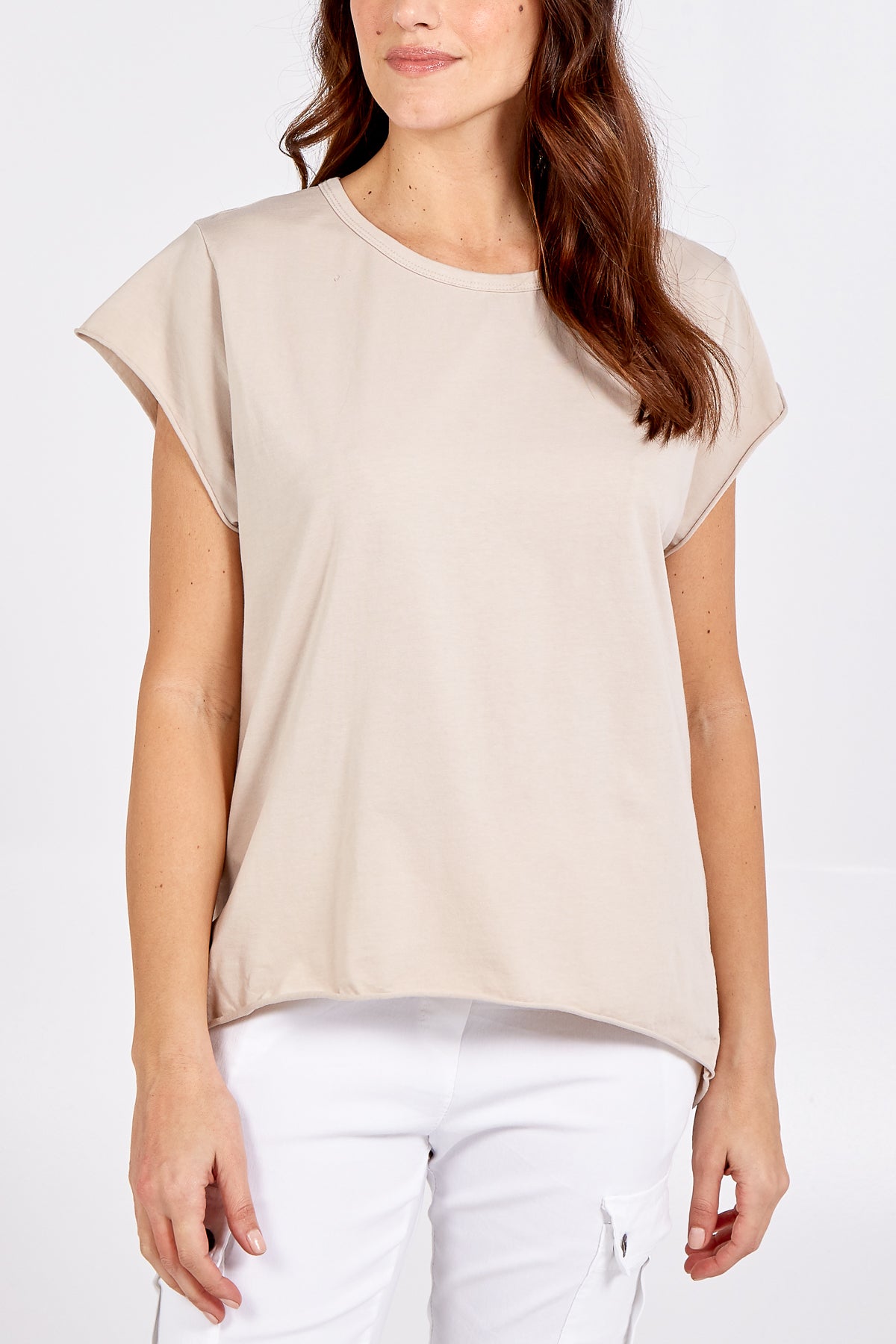 Cap Sleeve High Low Rolled Edge Top TOPMF2 WearAll Beige One Size