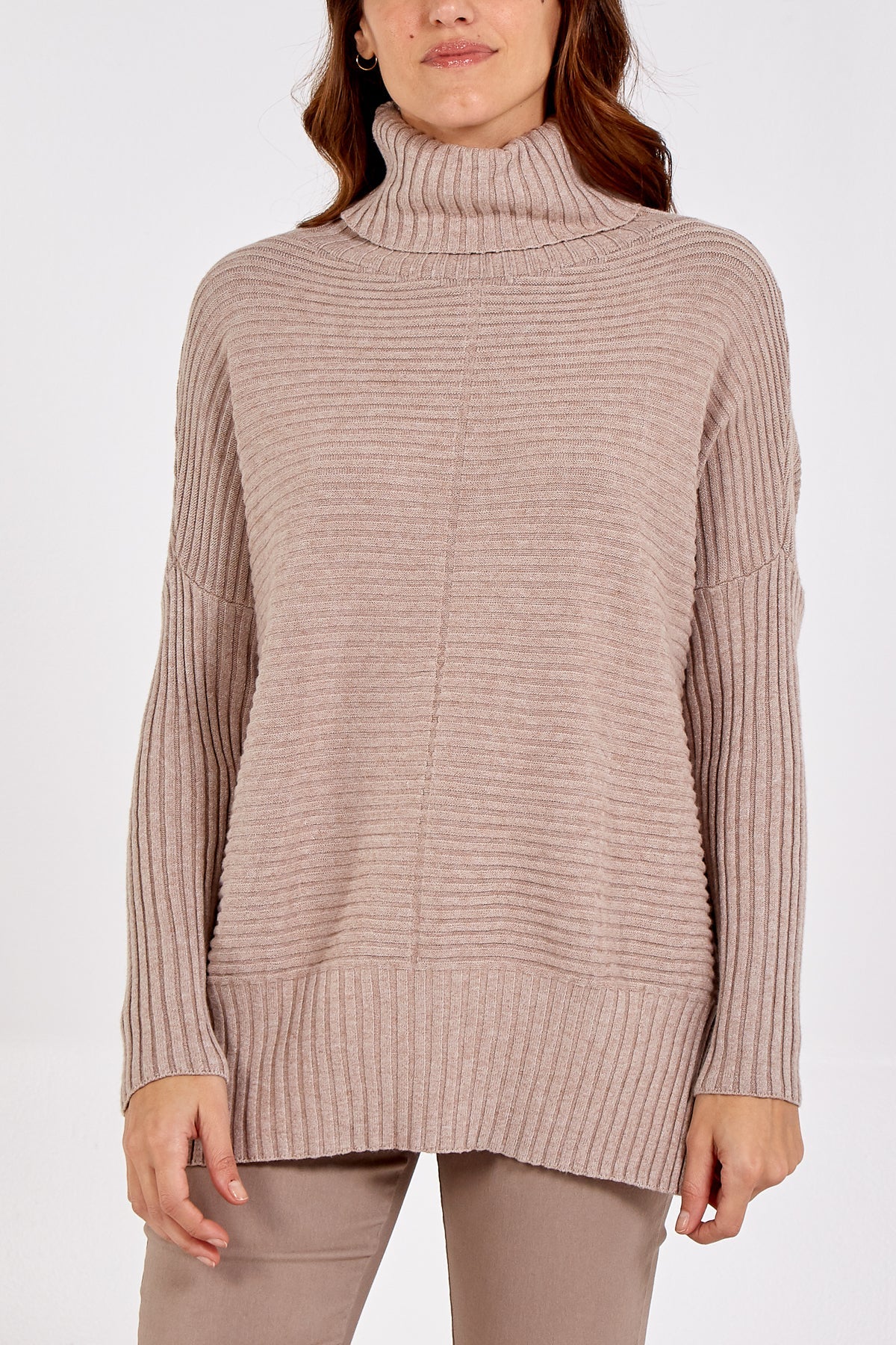 Knitted Rib Roll Neck Jumper JMF1 WearAll Mocha One Size