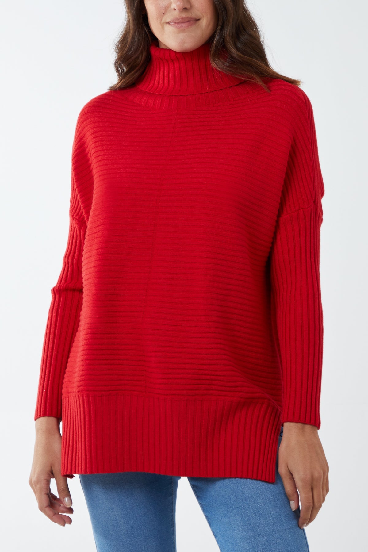 Knitted Rib Roll Neck Jumper JMF1 WearAll Red One Size