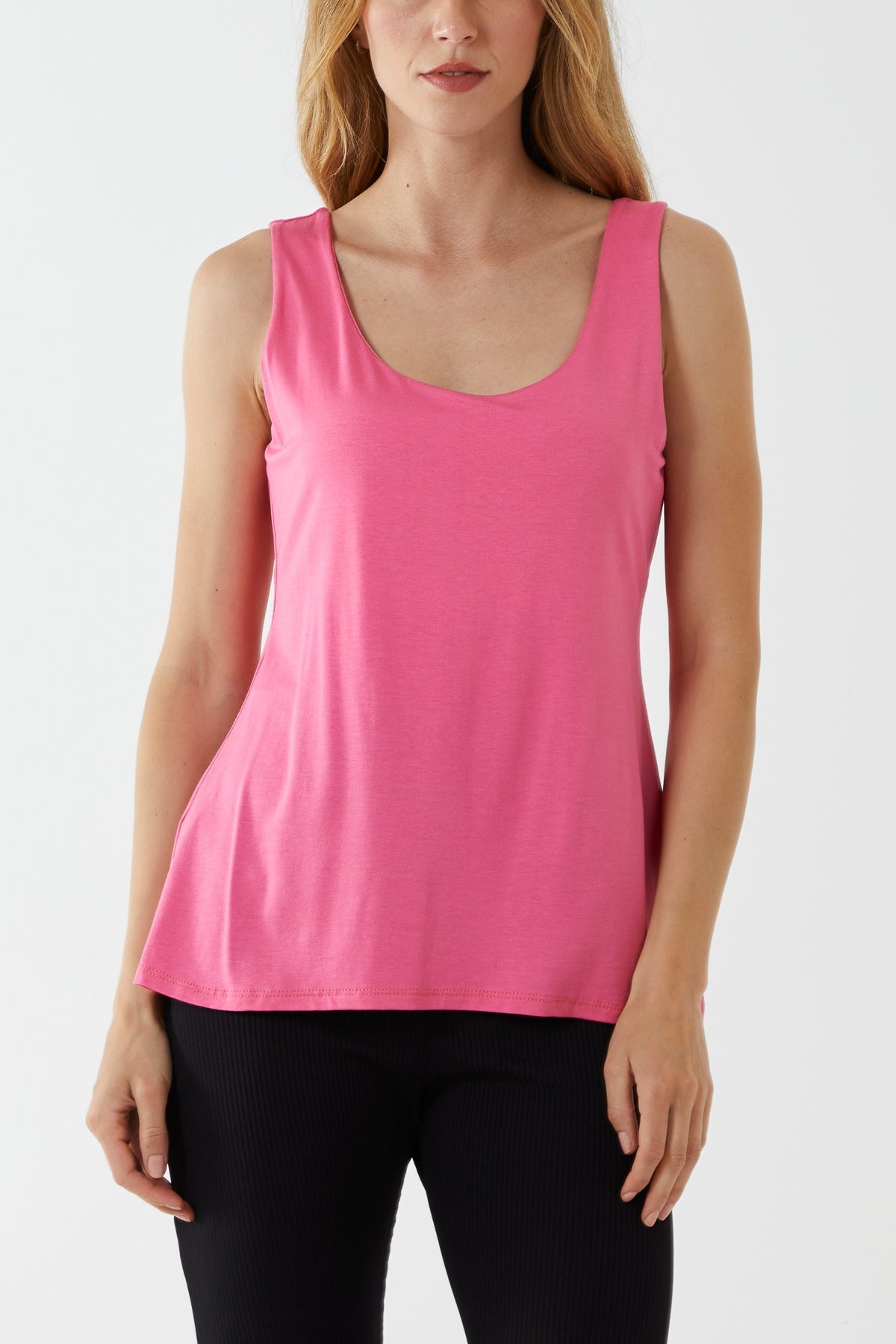 Double Layer Scoop Neck Plain Vest TOPMF2 WearAll Pink One Size