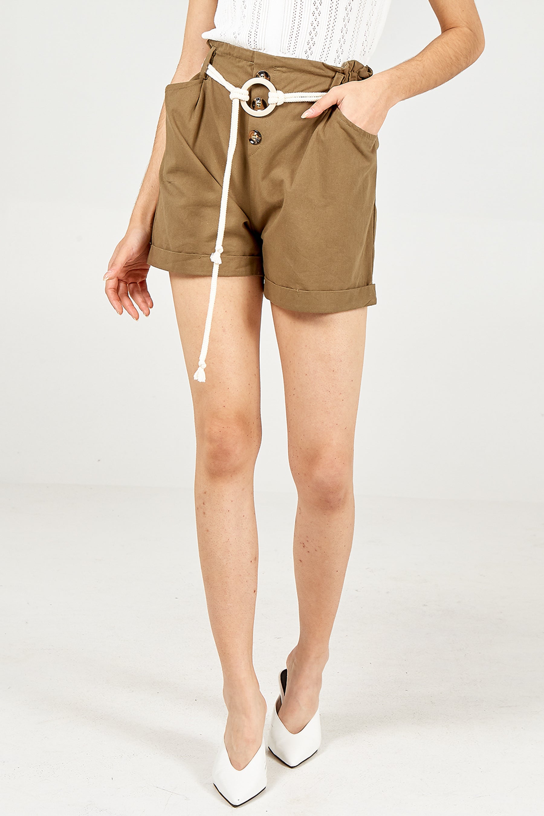 Turnback Rope Detail Shorts Shorts WearAll Khaki Large