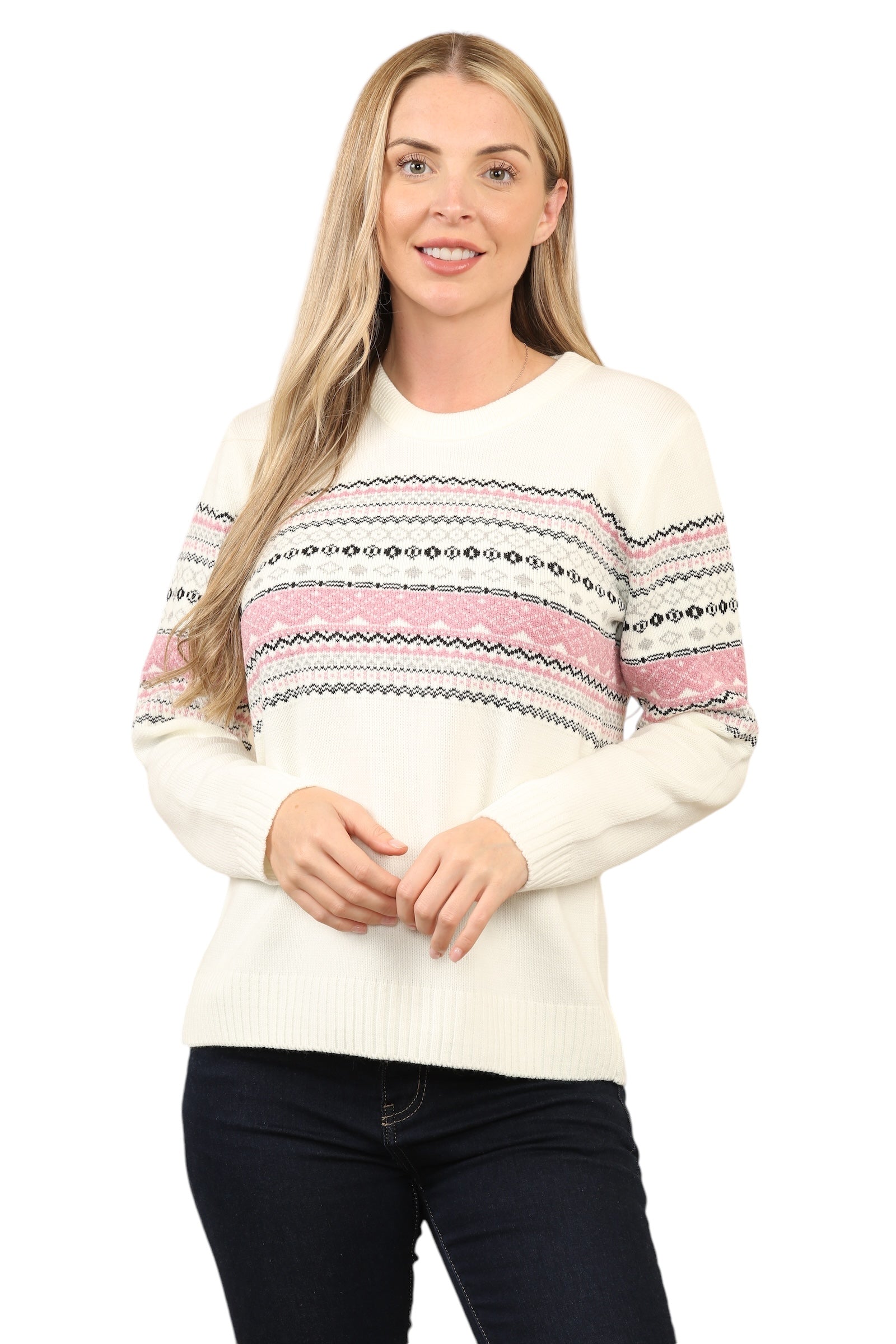 Jacquard Knitted Jumper Striped Sweater Top Jumper WearAll (Cream) Style 2 S/M