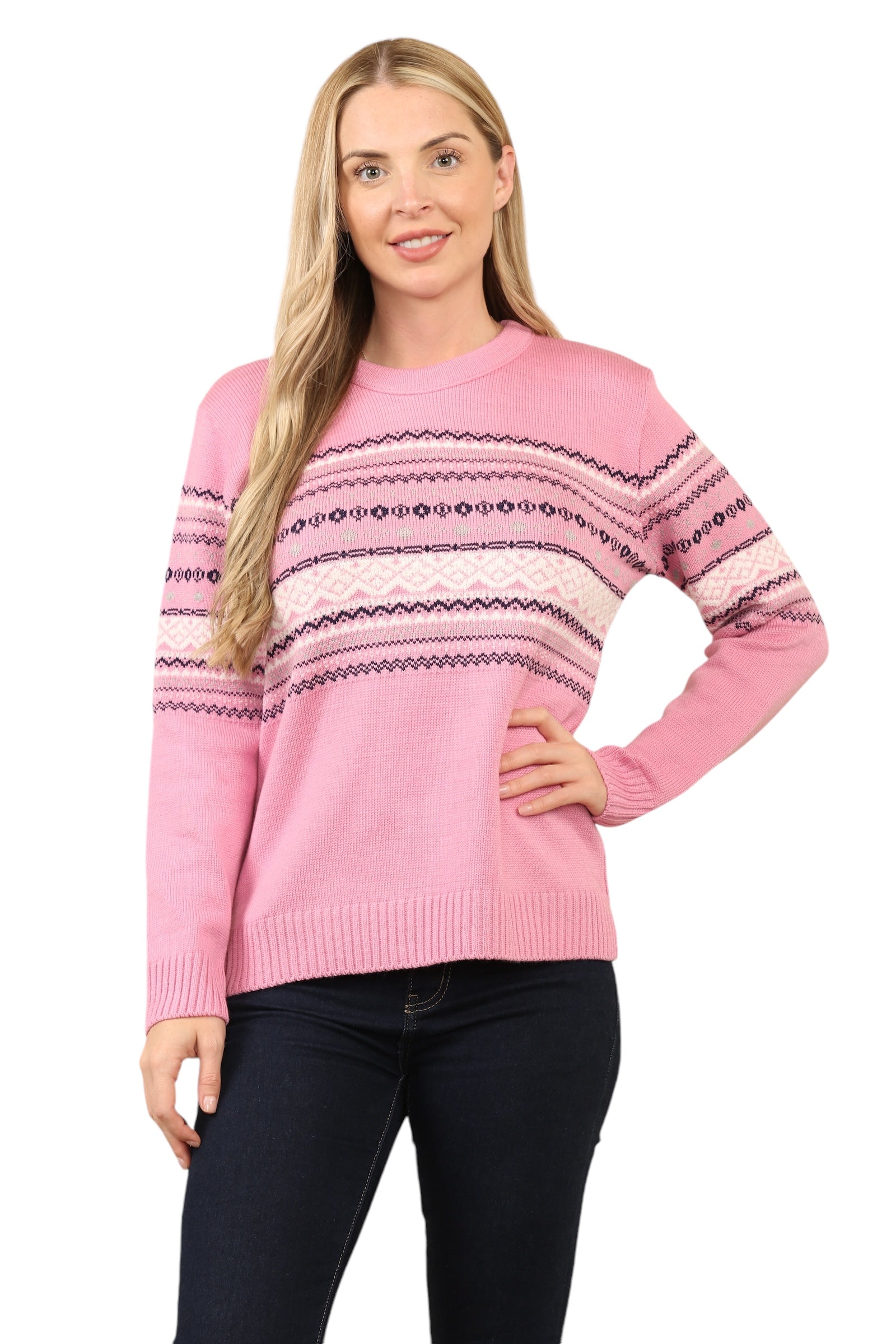 Jacquard Knitted Jumper Striped Sweater Top Jumper WearAll (Pink) Style 2 S/M