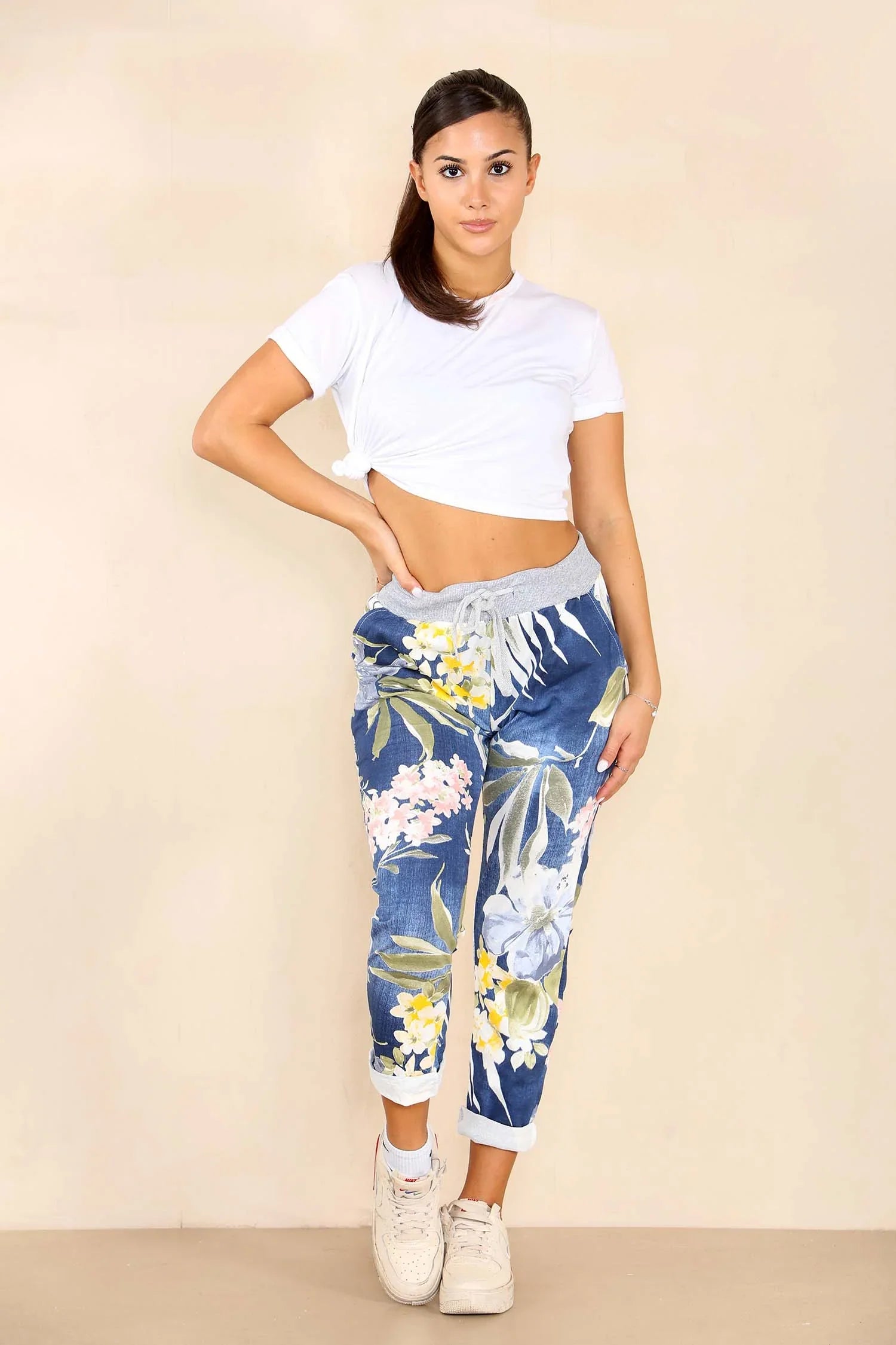 Plus Size Italian Floral Print Drawstring Cotton Joggers Trouser WearAll