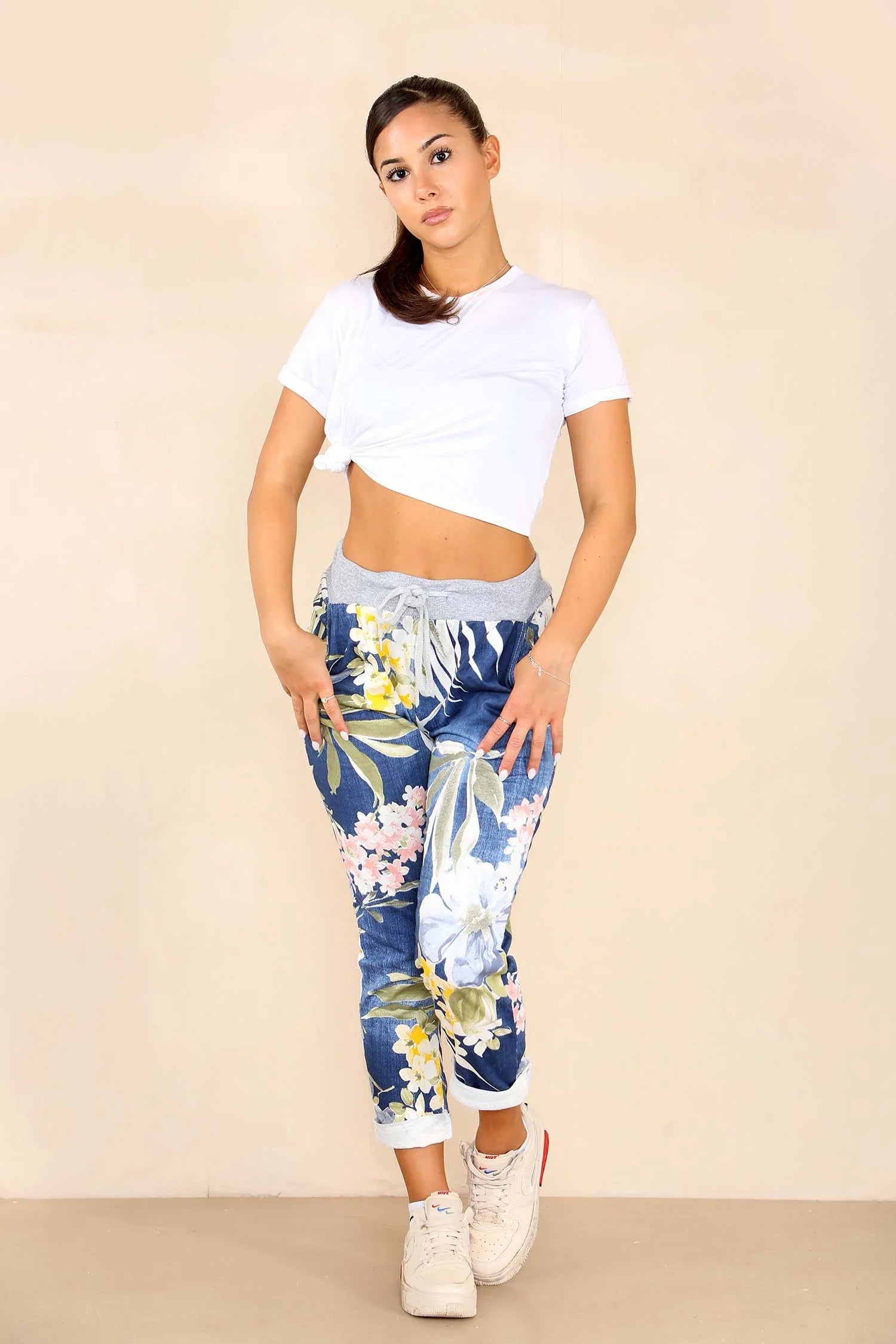 Italian Floral Print Drawstring Cotton Joggers Trouser WearAll Denim Blue 8