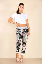 Italian Floral Print Drawstring Cotton Joggers Trouser WearAll Black 8