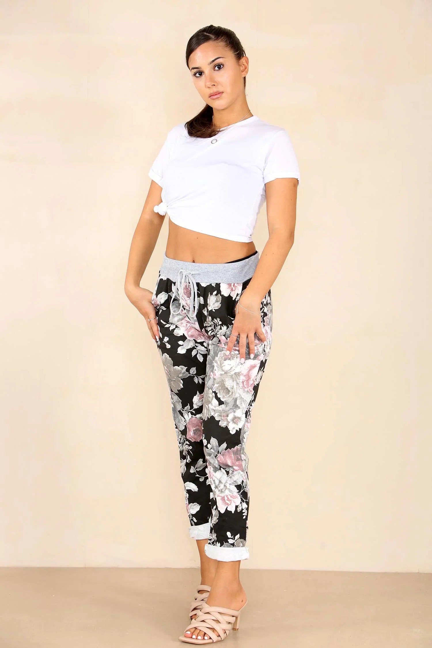 Italian Floral Print Drawstring Cotton Joggers Trouser WearAll