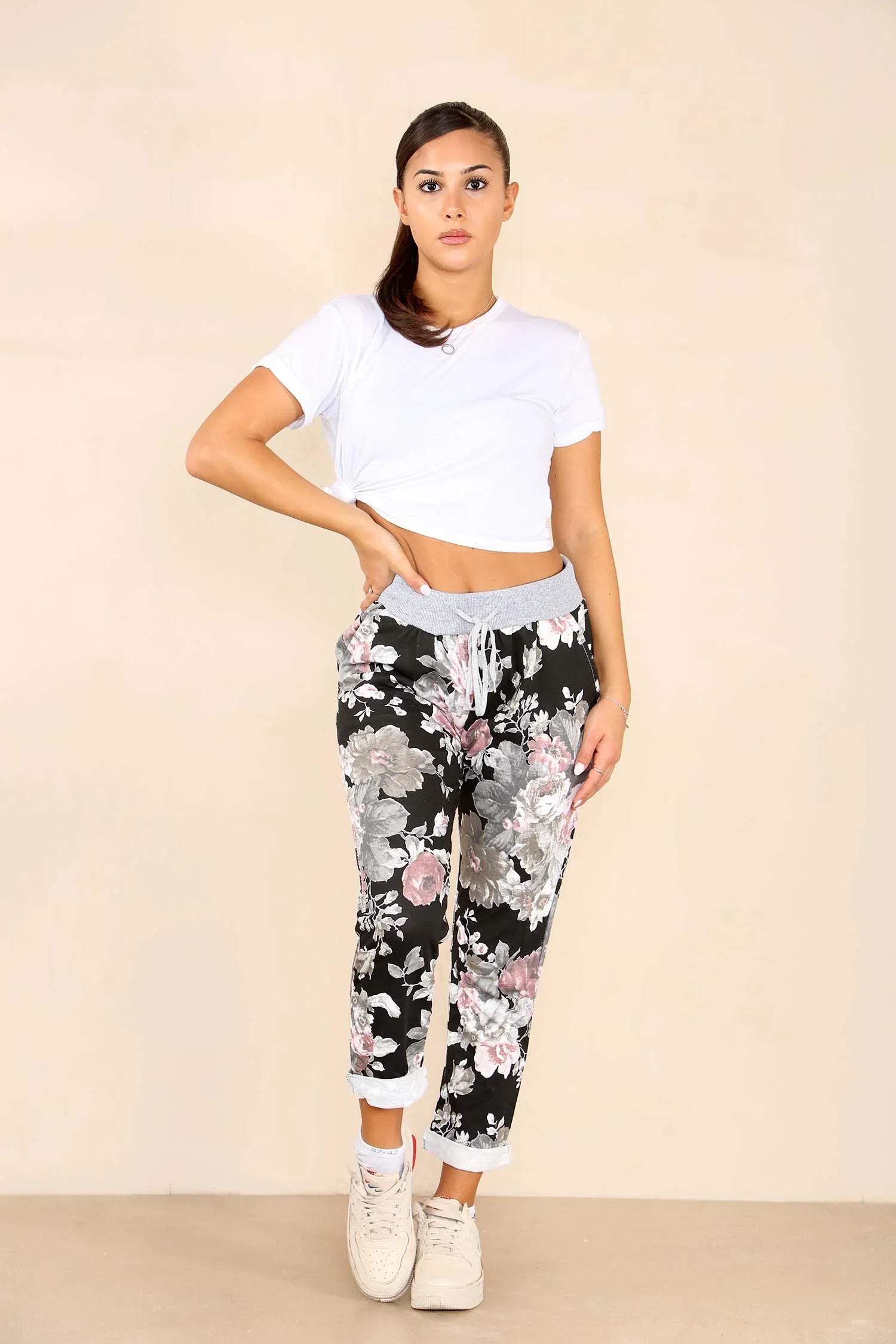 Plus Size Italian Floral Print Drawstring Cotton Joggers Trouser WearAll