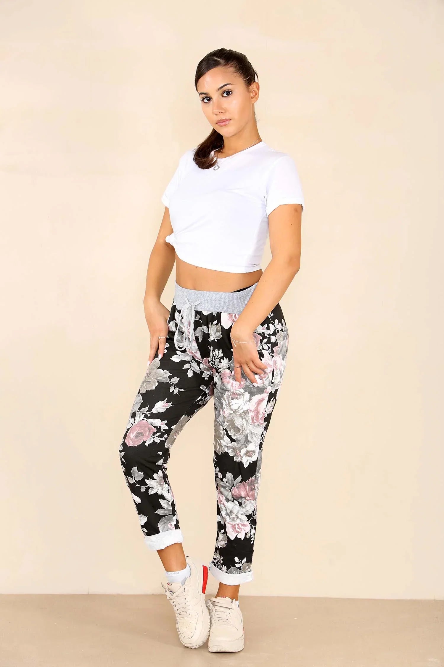 Plus Size Italian Floral Print Drawstring Cotton Joggers Trouser WearAll