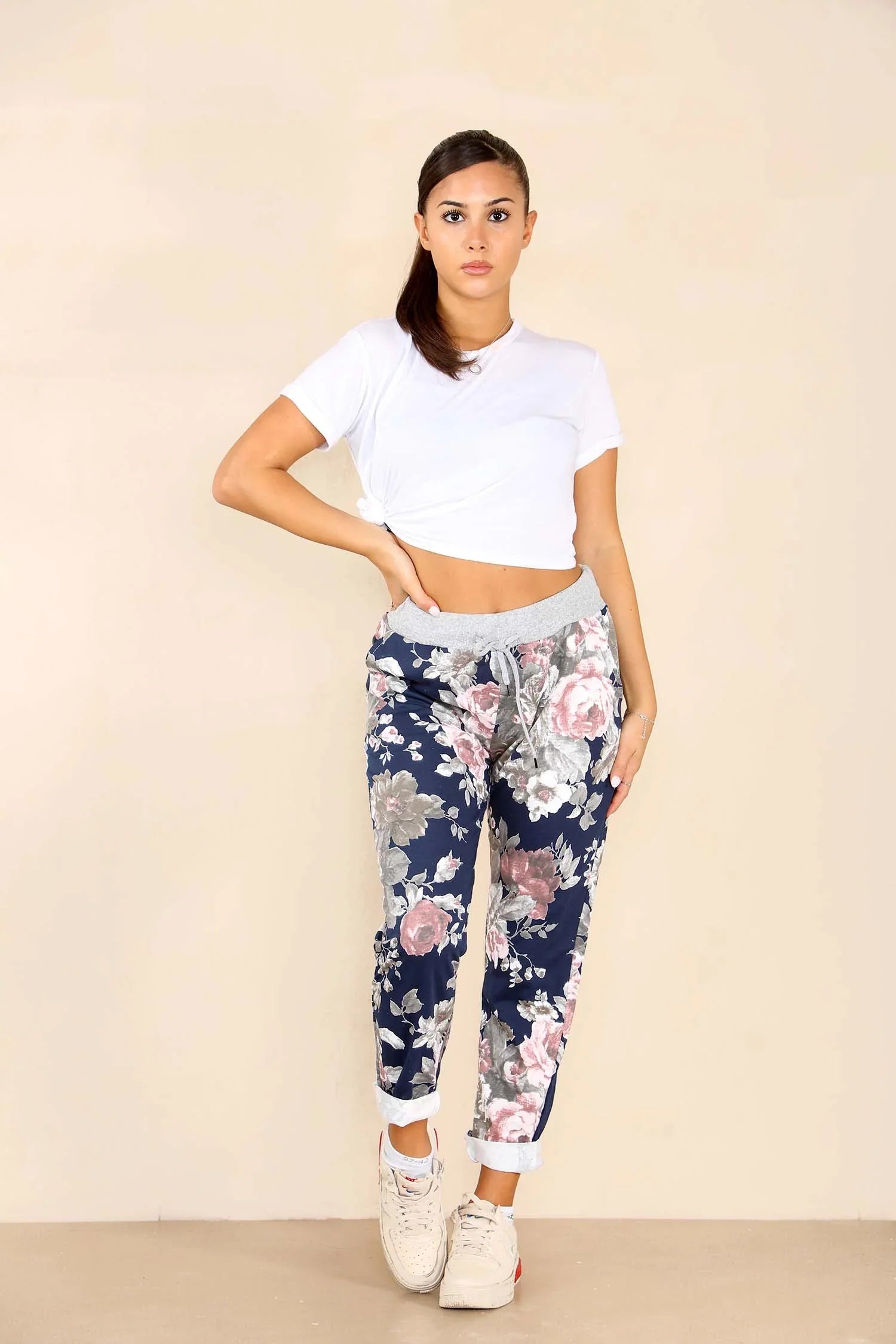 Italian Floral Print Drawstring Cotton Joggers Trouser WearAll Blue 8