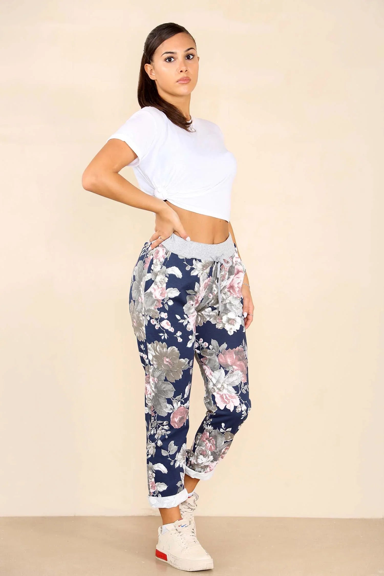 Plus Size Italian Floral Print Drawstring Cotton Joggers Trouser WearAll