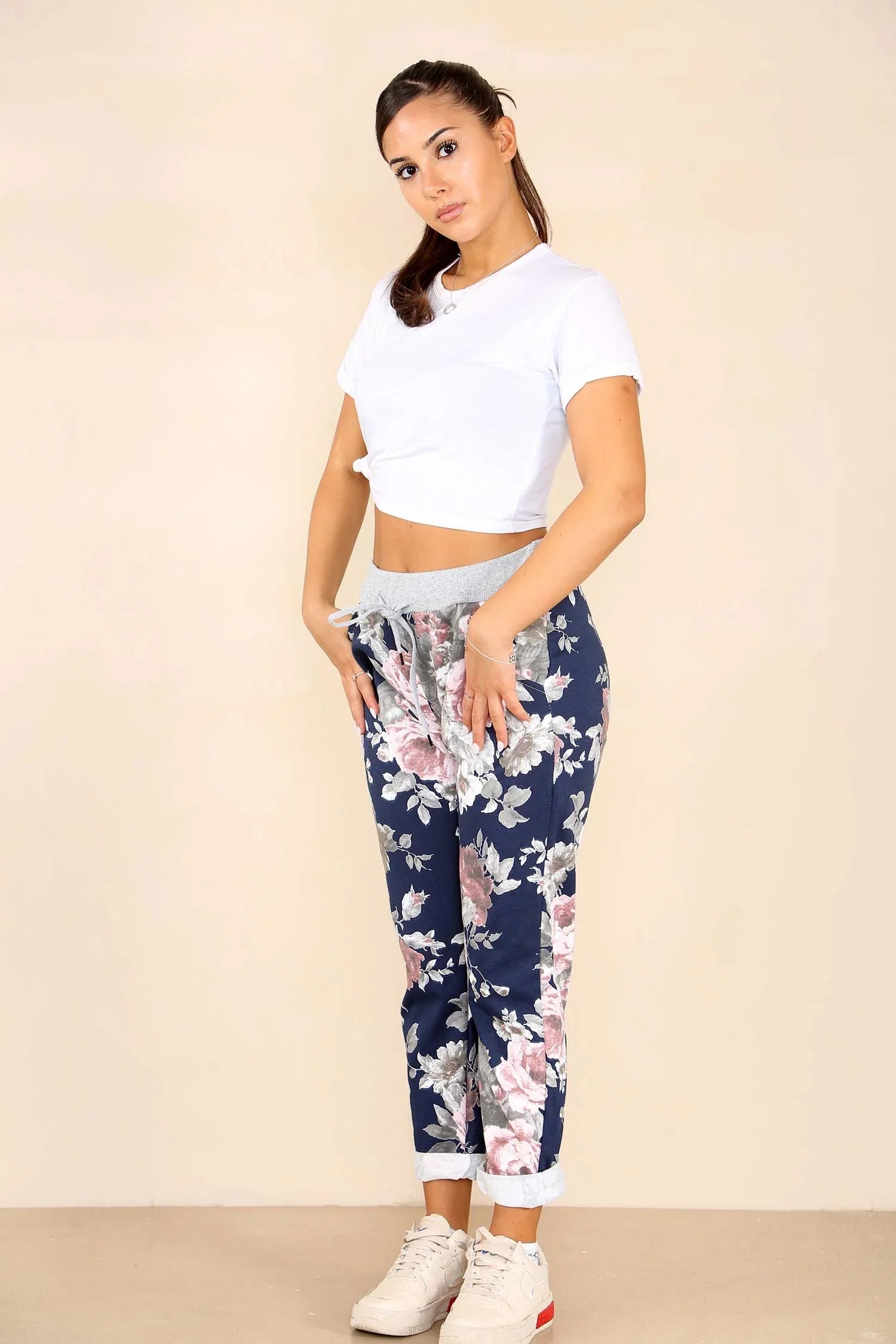 Plus Size Italian Floral Print Drawstring Cotton Joggers Trouser WearAll