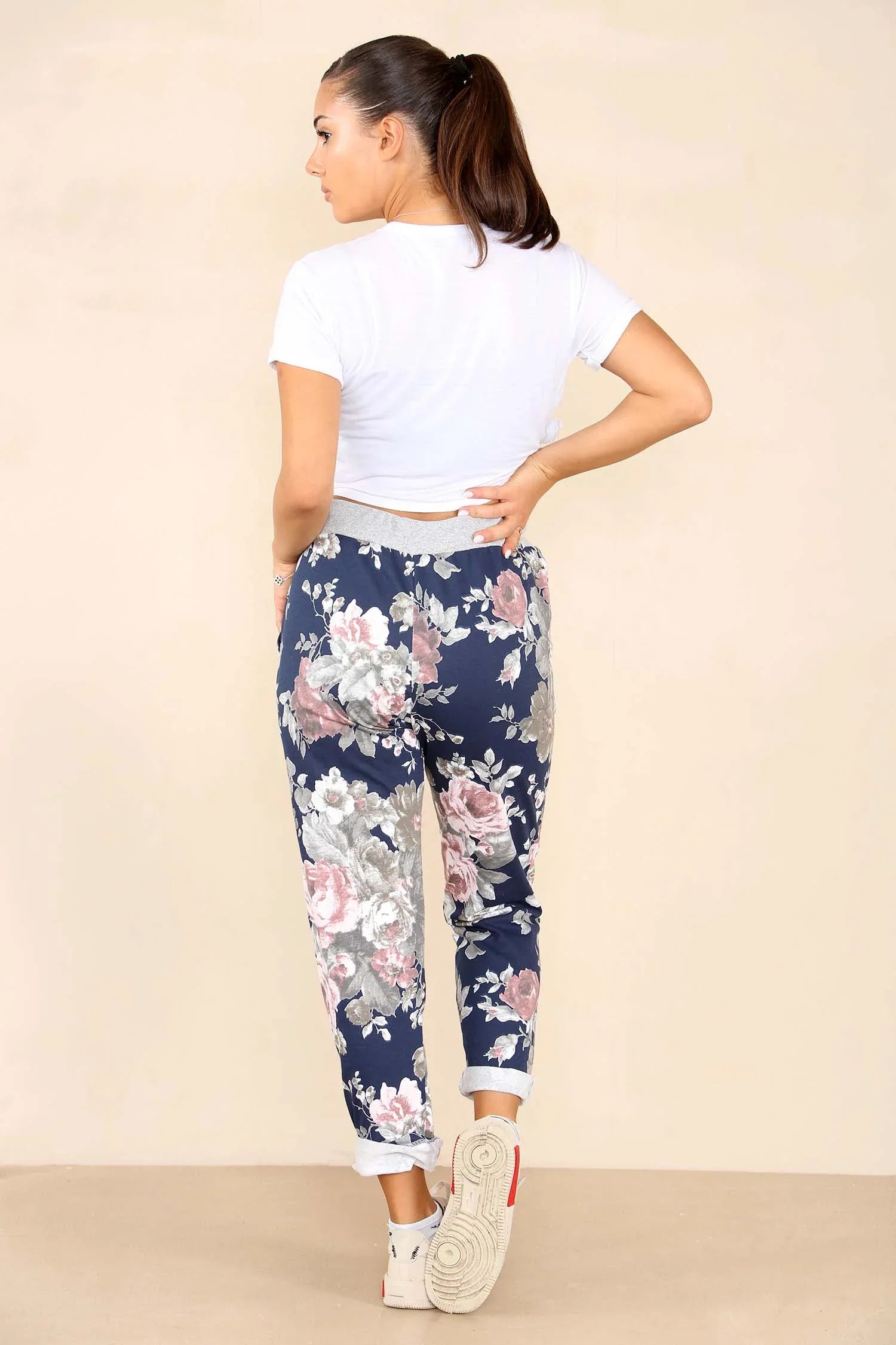 Italian Floral Print Drawstring Cotton Joggers Trouser WearAll