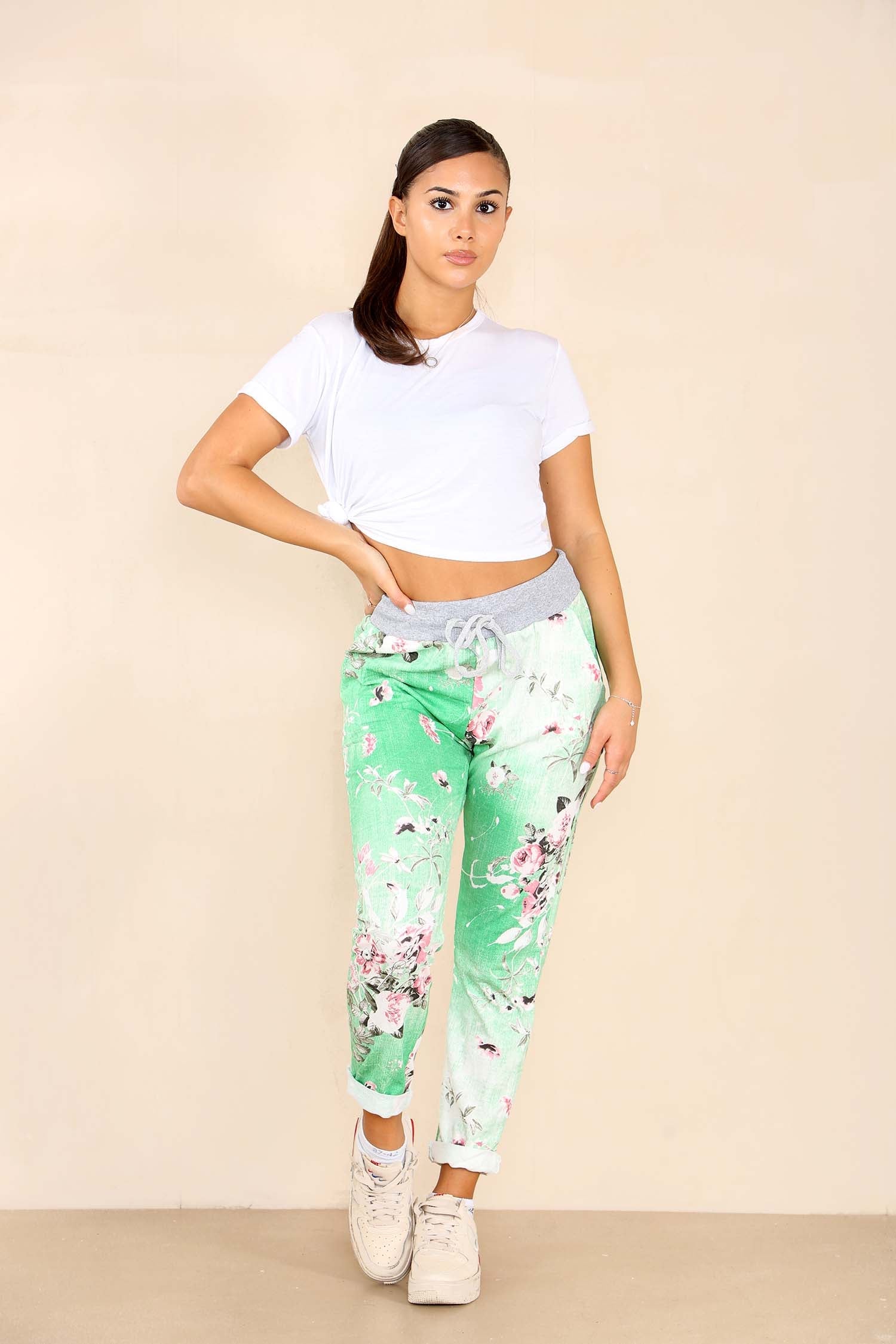 Italian Floral Print Drawstring Cotton Joggers Trousers WearAll Pista 8