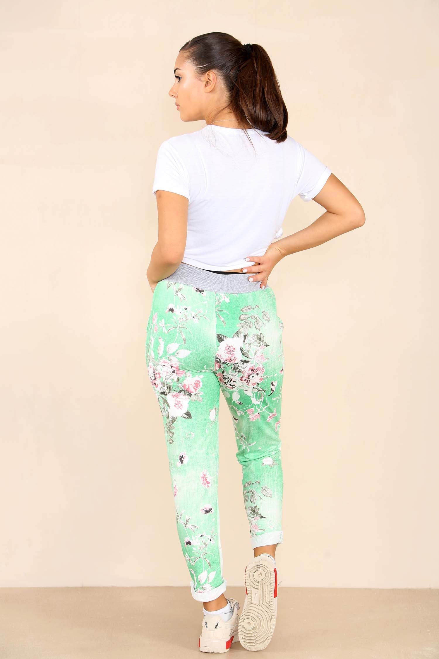 Italian Floral Print Drawstring Cotton Joggers Trousers WearAll