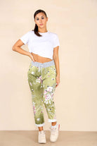 Italian Floral Print Drawstring Cotton Joggers Trousers WearAll